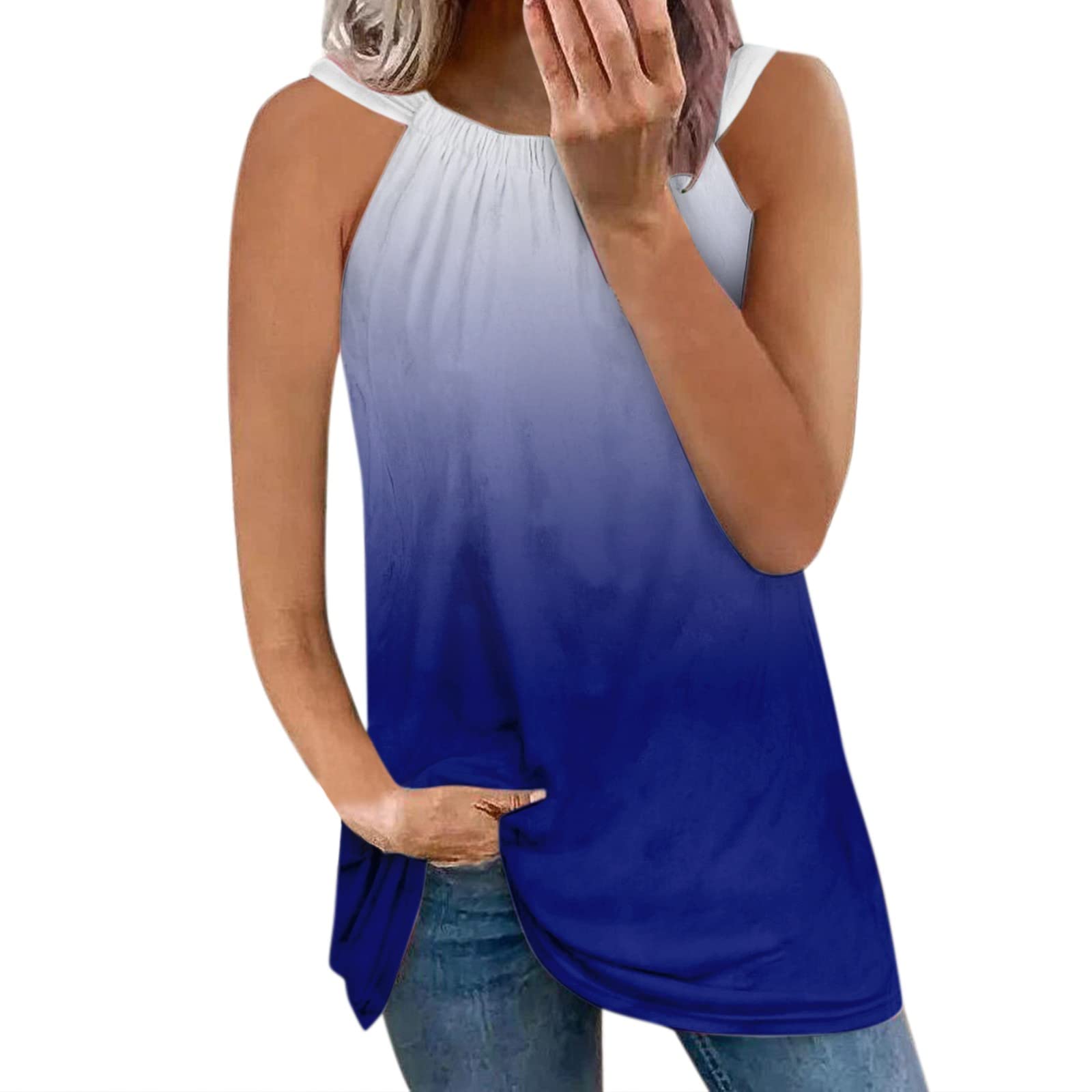 Women's Casual Sleeveless Strap Tank Tops - Blue Gray Red Gradient Color Prints, Breathable Camisole for Workout, Yoga & Summer Wear