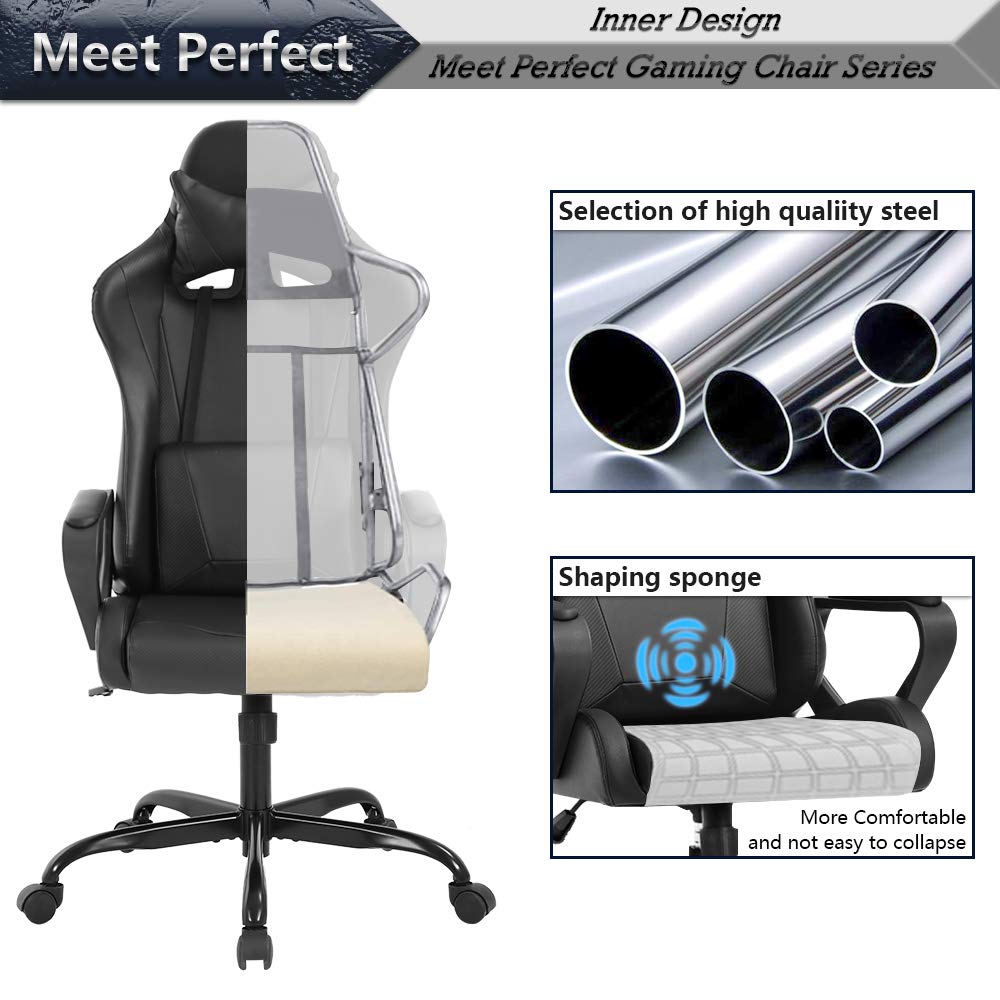 Racing Style Gaming Chair - Ergonomic High Back Office Chair with Adjustable Headrest & Lumbar Support, Swivel Computer Desk Chair for Gaming, Work & Home Use - Black