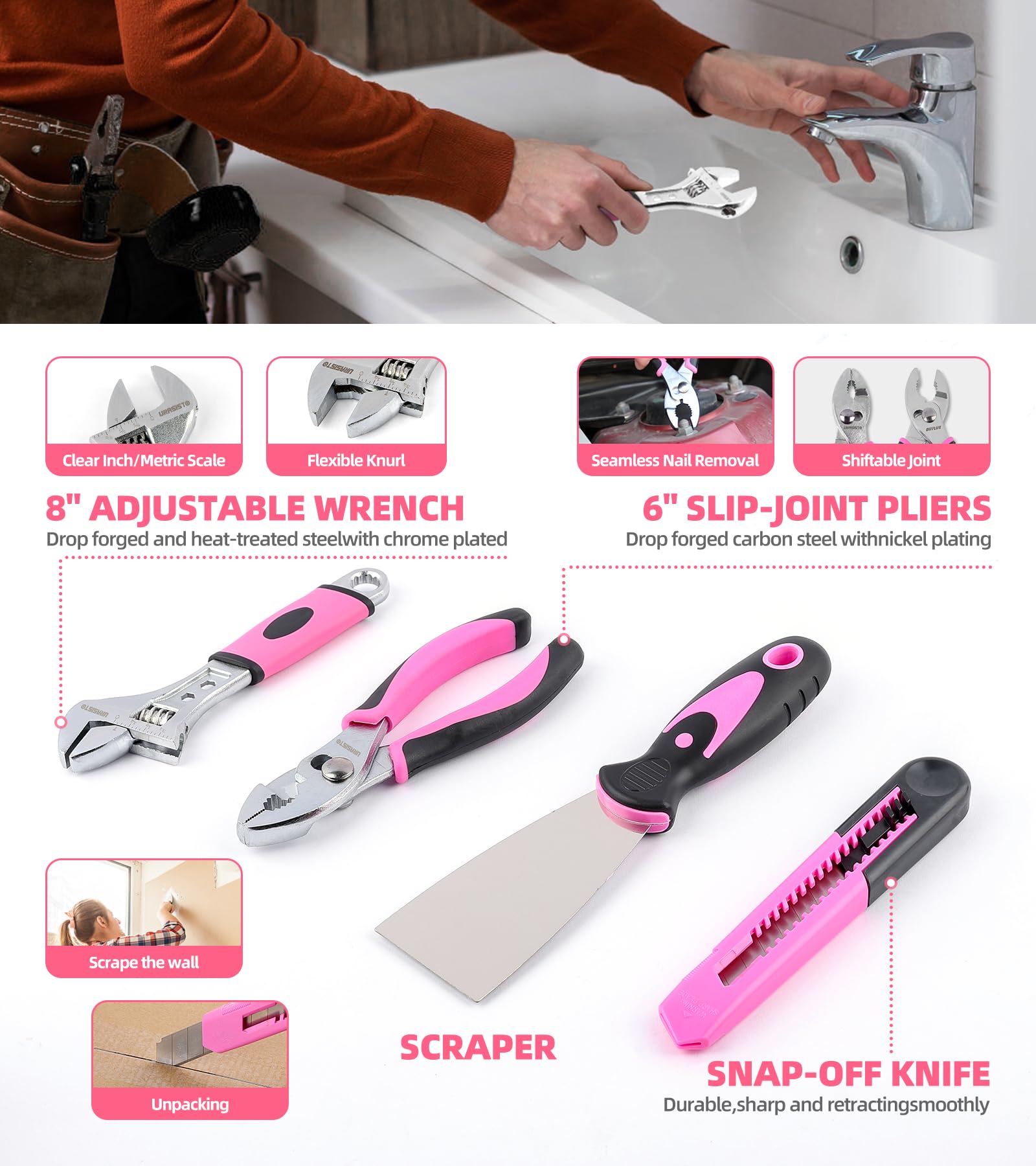 Pink 136-Piece Household Tool Set with 3.6V USB Electric Screwdriver & Cordless Lithium-ion Drill - Complete Home Repair Kit for Women | DIY Projects, Furniture Assembly, Small Repairs