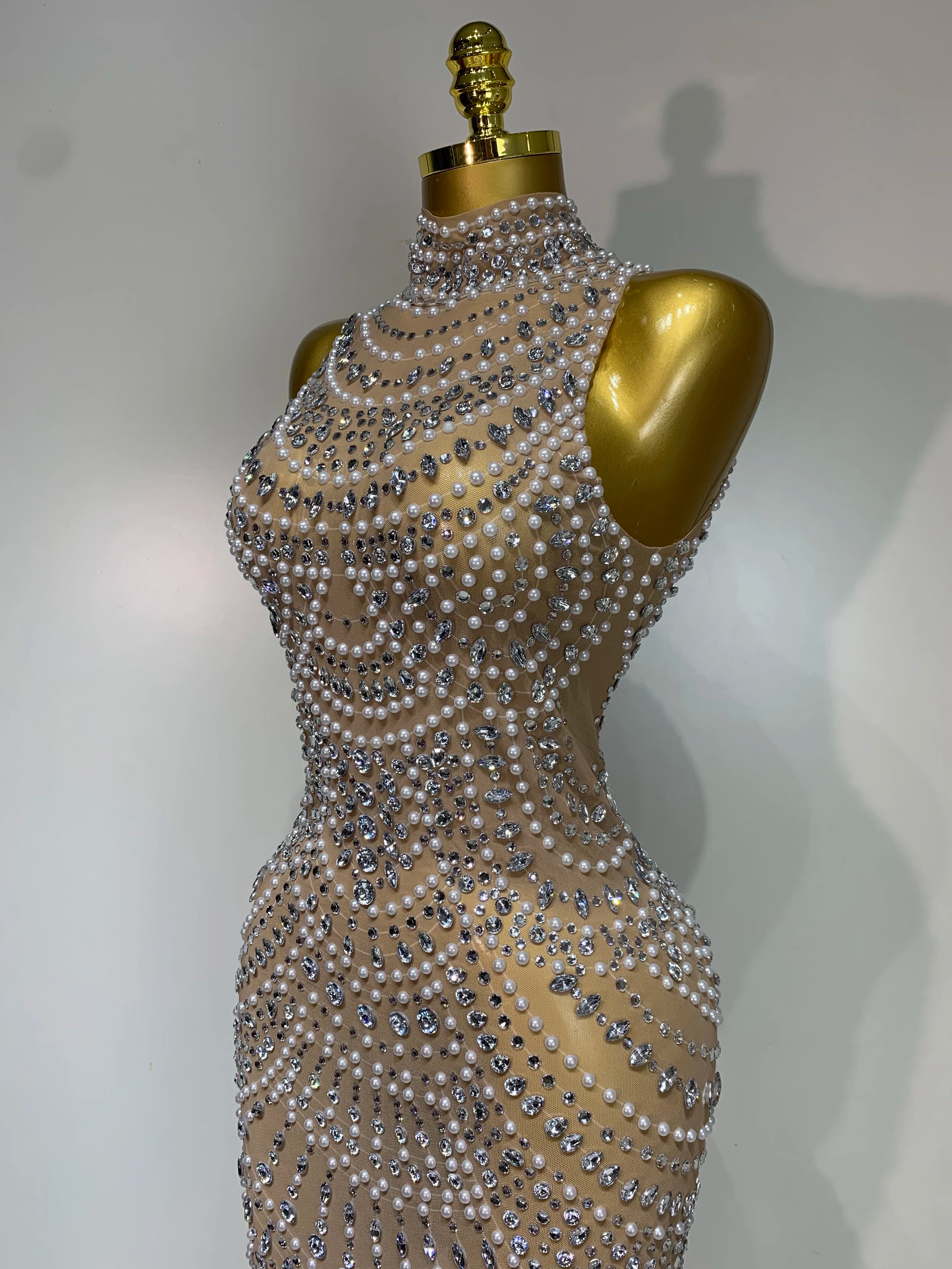 Elegant Sparkly Pearl Rhinestone Sleeveless Long Evening Dress for Women - Perfect for Birthday Party, Prom, Wedding & Luxury Photoshoot Outfits | Formal Gowns & Special Occasion Dresses