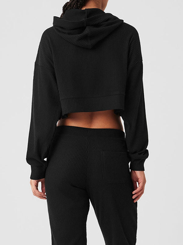 ZASUWA Women's Velvet Ribbed Pocket Hooded Tracksuit Set - Soft Lounge Wear for Home, Gym & Casual Outfits