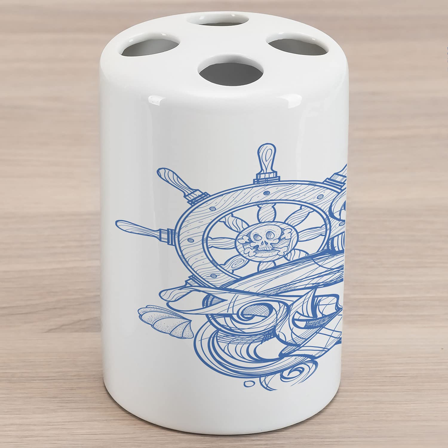 Ambesonne Vintage Nautical Ceramic Toothbrush Holder - Pirate Anchor & Steering Wheel Design - Bathroom Countertop Organizer - 4.5