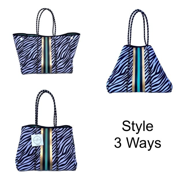 Neoprene Tote Bag for Women - Large Foldable Beach Bag, Gym & Pool Tote - Black White Zebra Stripe Design - Perfect for Travel, Swimming, Yoga & Shopping