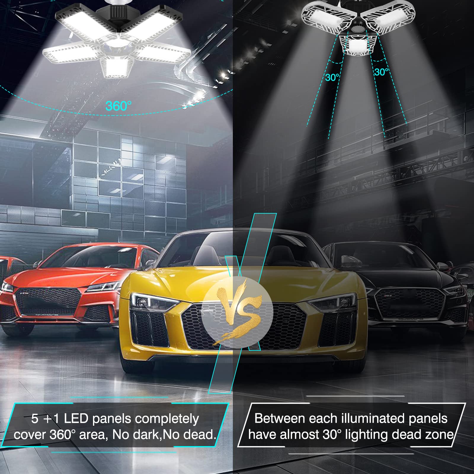 2 Pack LED Garage Lights, 160W 16500LM 6500K Adjustable Deformable Ceiling Light with 5+1 Panels, E26/E27 Screw Base - Bright Shop Lighting for Garage, Basement, Workshop, Warehouse & Industrial Spaces