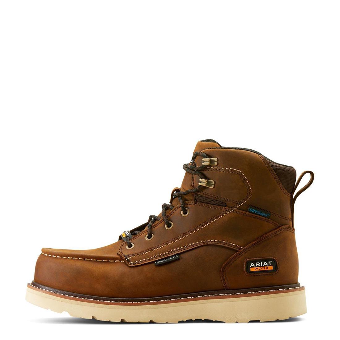 6 Inch Composite Toe Waterproof Moc Toe Wedge Work Boots for Men - Distressed Brown Safety Shoes for Construction, Landscaping & Outdoor Work
