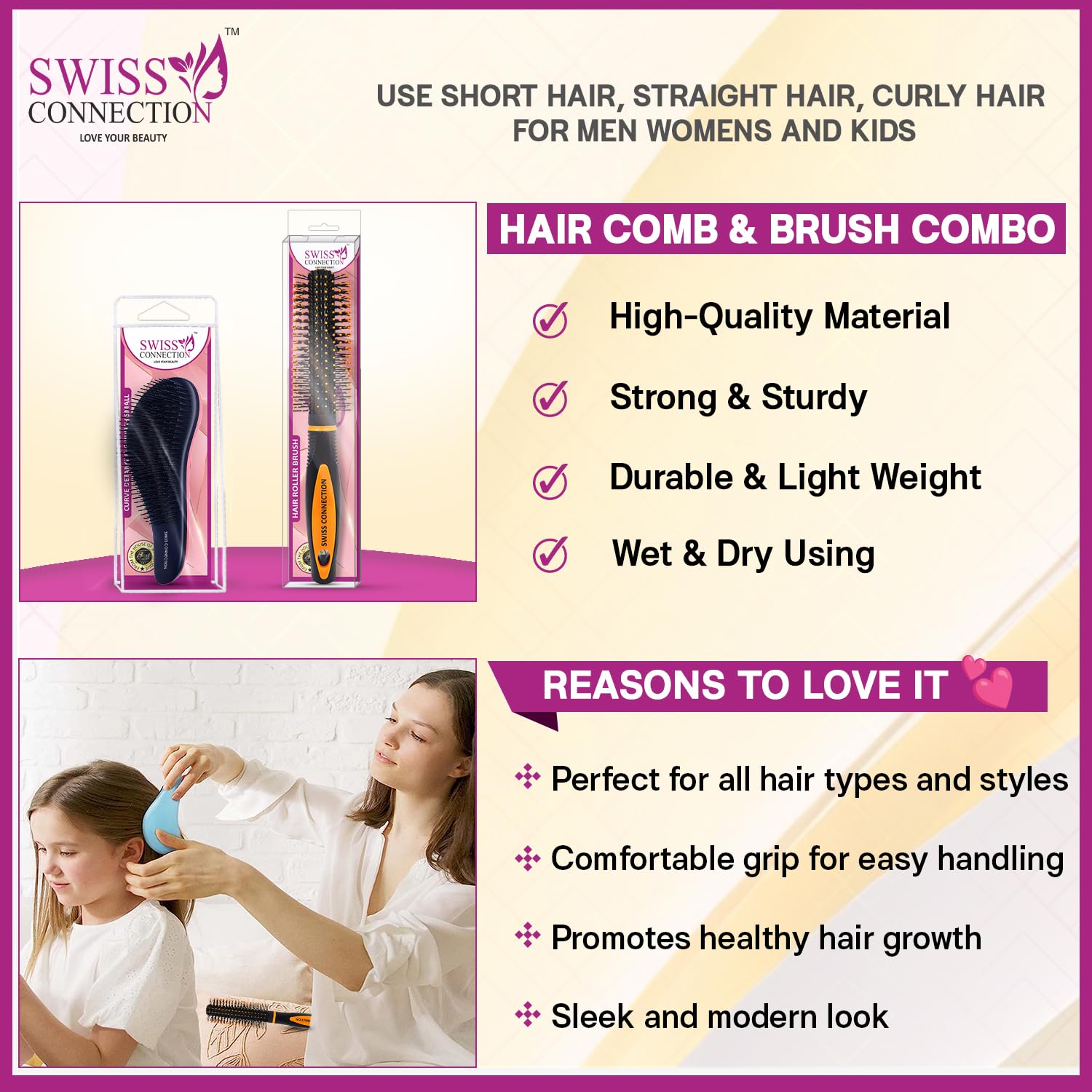 Swiss Connection Hair Roller Brush & Curve Detangling Brush for Curly, Straight, Wavy, Wet, Oily & Thick Long Hair - Paddle Detangler Hair Comb for Women & Men (Pack of 2) - Perfect for Styling, Detangling & Smoothing at Home or Salon