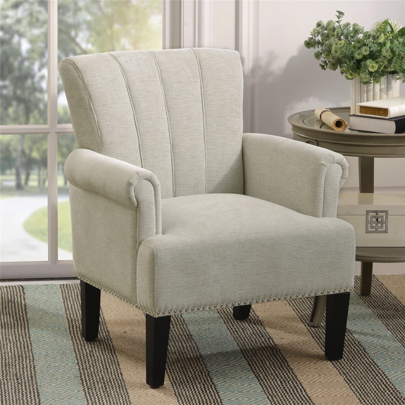 Stylish Rivet Tufted Polyester Accent Armchair with Rubber Wood Legs - Cream Upholstered Barrel Club Chair for Living Room, Bedroom & Hosting Spaces | Perfect for Reading Nooks, Lounge Areas & Guest Seating