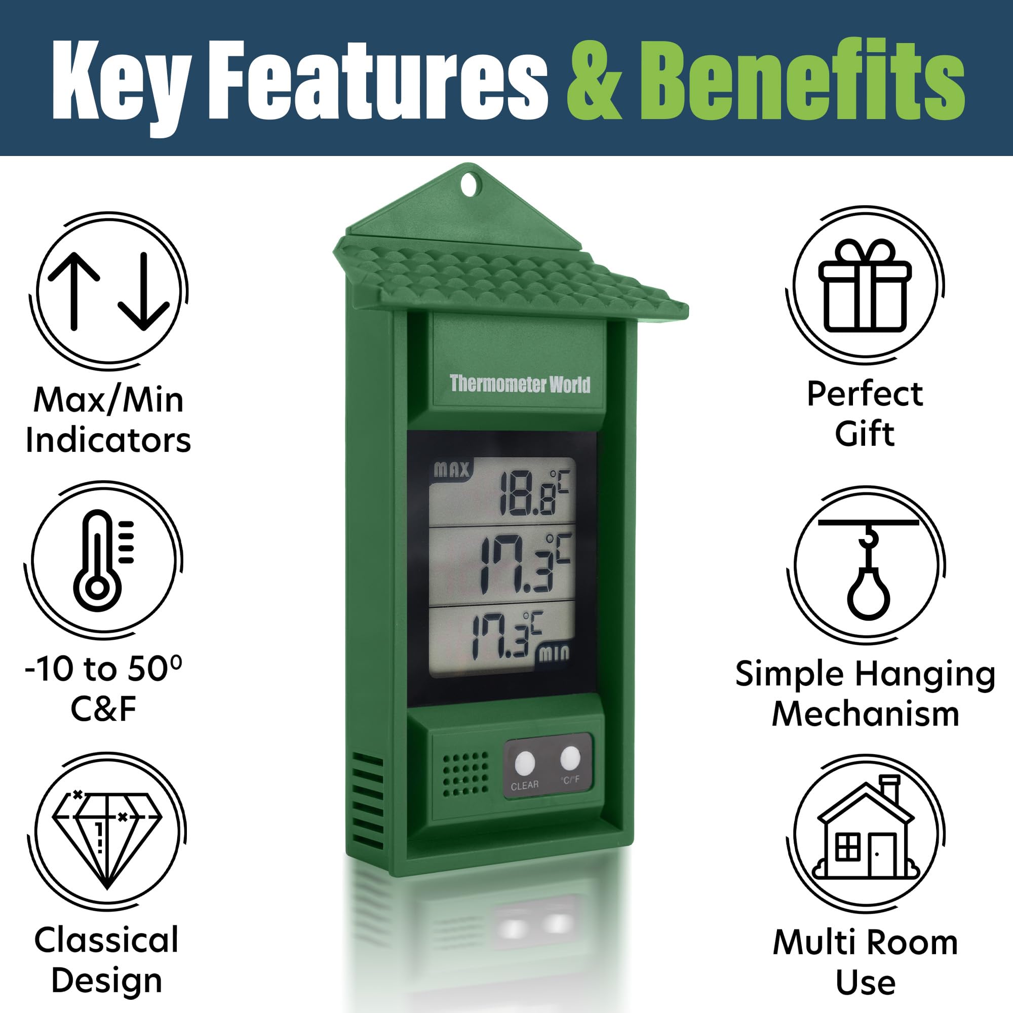 Digital Greenhouse Thermometer with Max/Min Memory - Accurate Hi-Lo Temperature Monitor for Indoor/Outdoor Greenhouses - Perfect for Plant Growth, Hydroponics & Gardening Accessories