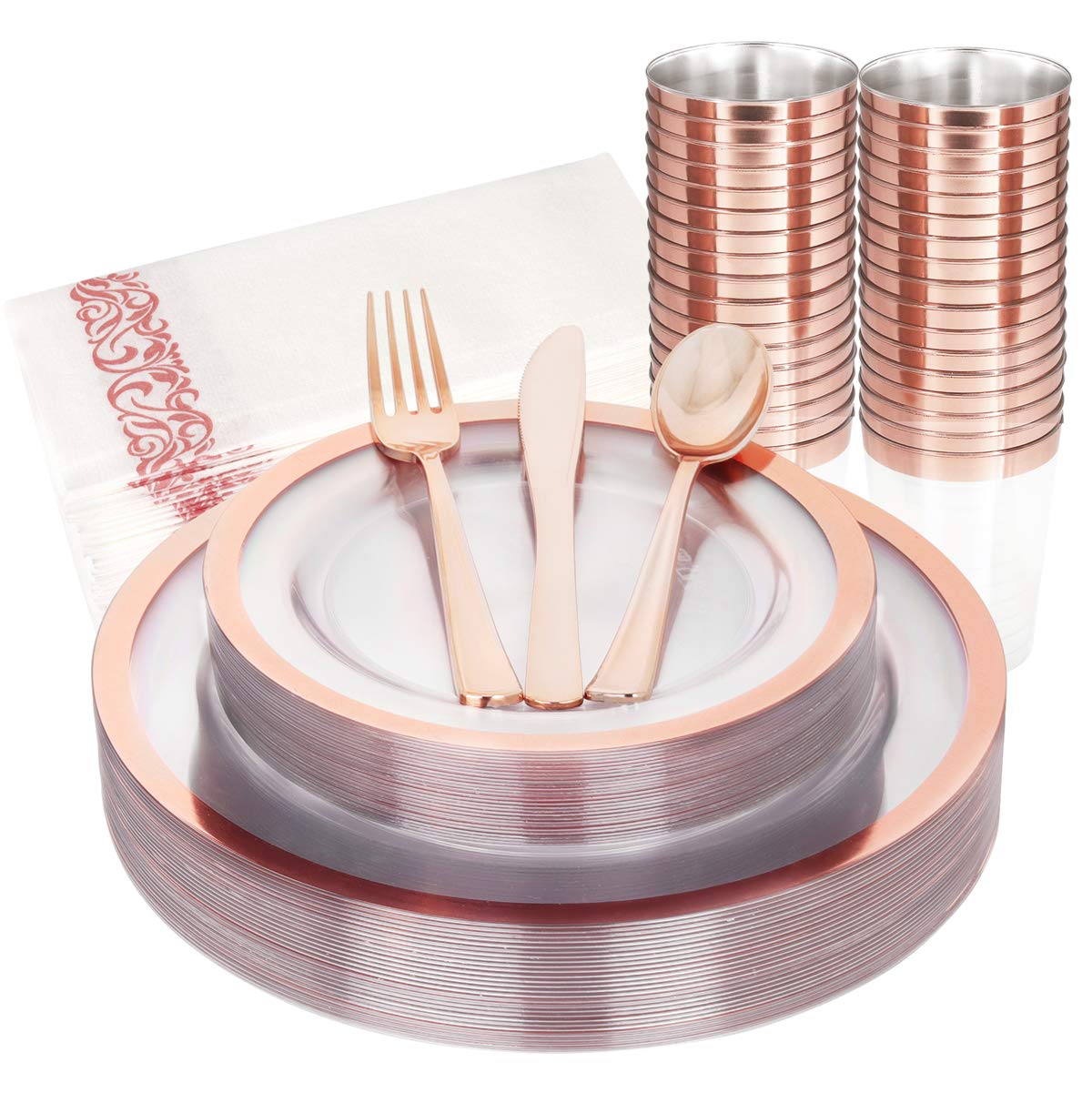175-Piece Elegant Rose Gold Plastic Dinnerware Set - 25 Dinner Plates, Salad Plates, Forks, Knives, Spoons, Cups & Napkins - Perfect for Weddings, Parties & Special Events