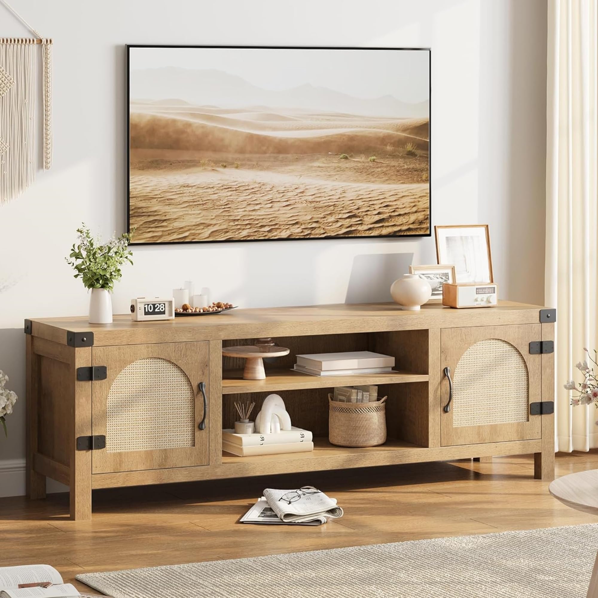 GAOMON Rattan TV Stand for Living Room - Boho Style Entertainment Center with Rattan Doors & Adjustable Shelves, 2-Tier Open Storage Media Console - Perfect for Home Theater, Gaming Setup & Living Room Organization (Natural Finish)