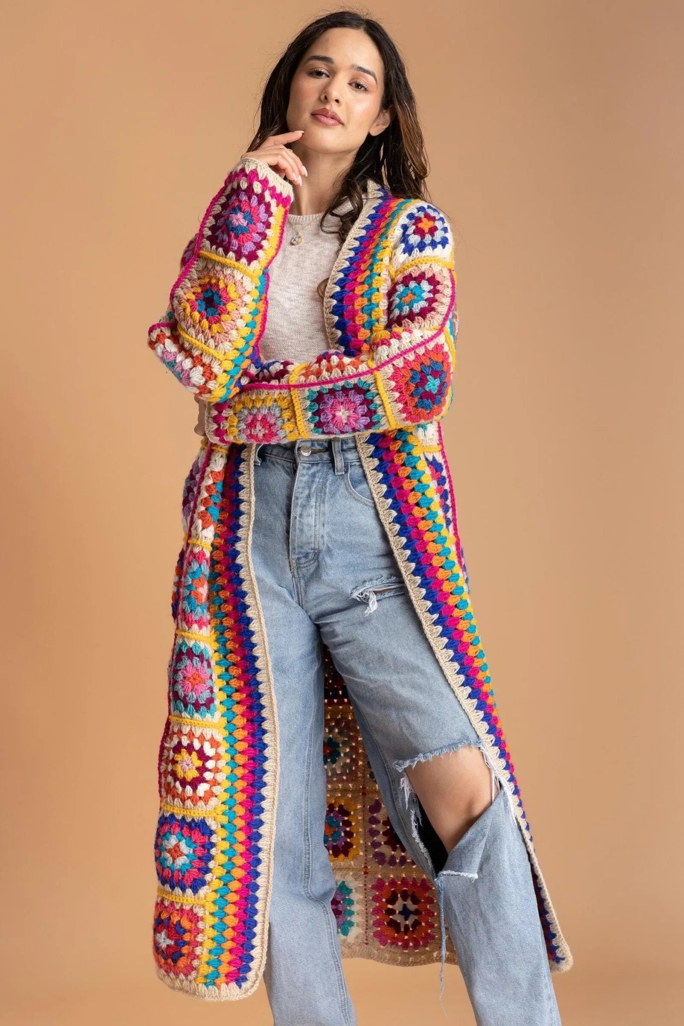 Crochet Multicolored Square Kimono - Lightweight Boho Cover Up for Women, Perfect for Beach, Pool, and Summer Outfits