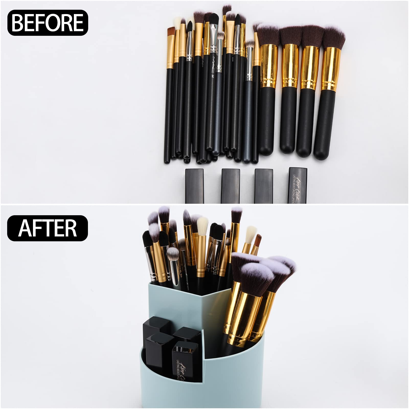 LoveBB 360° Rotating Pencil & Makeup Brush Holder - 3-Slot Desk Organizer for Cosmetics, Pens & Art Supplies | Perfect for Vanity, Office & Craft Room (Blue)