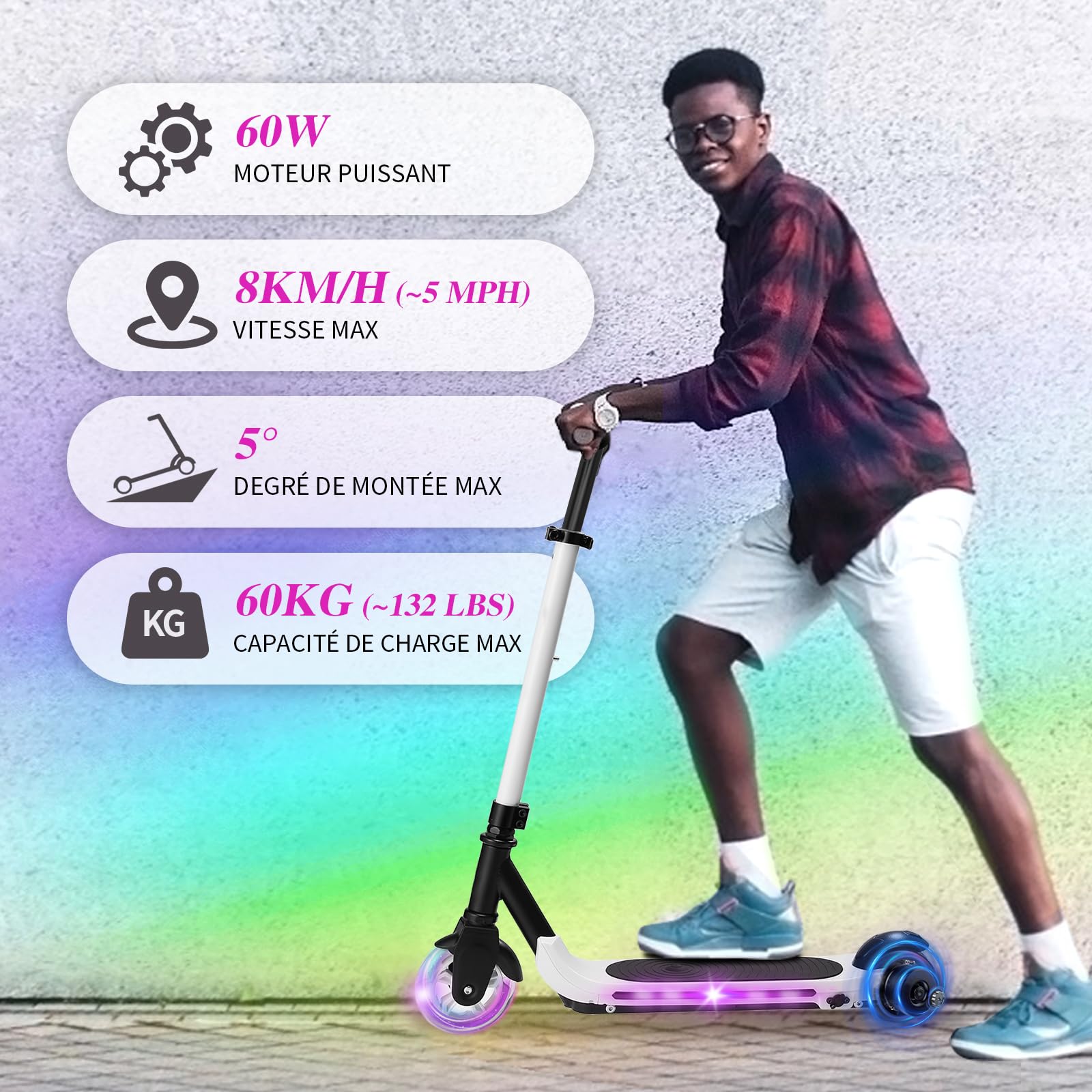 KHHK Kids Electric Scooter - 5 Inch Solid Rubber Tires, Adjustable Height, 60W Motor, 8 km/h Max Speed - Perfect for Commuting to School & Neighborhood Rides