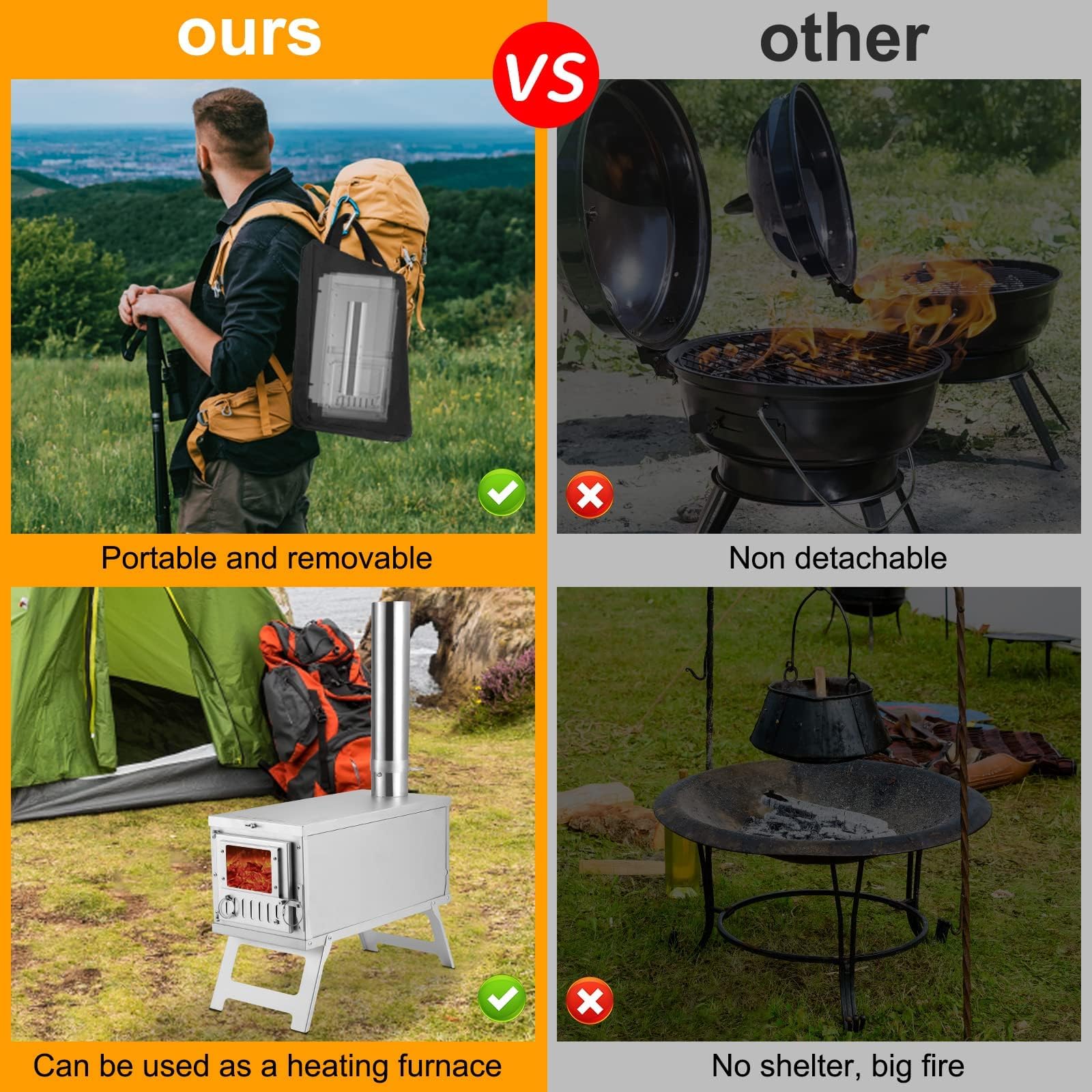 304 Stainless Steel Camping Tent Stove - Ultralight Foldable Portable Wood Burning Stove with Chimney Pipes & Rotary Damper | Tent Heater for Outdoor Camping, Hunting, Hiking & Emergency Cooking