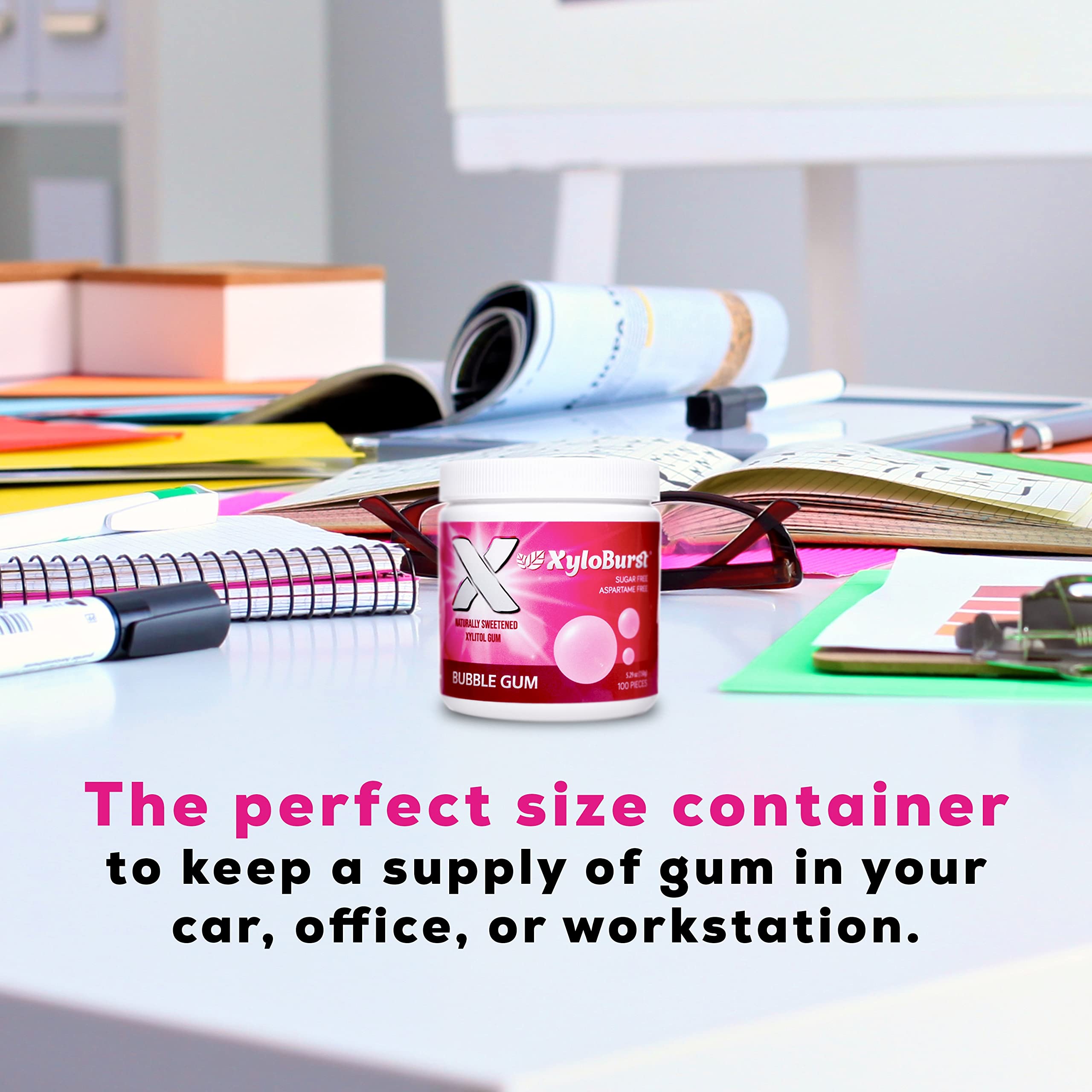 XyloBurst Xylitol Chewing Gum | Sugar Free, Gluten Free, Keto Friendly Gum | Aspartame Free Bubble Gum for Oral Health & Fresh Breath | 100-Count Jar | Perfect for Office, Travel and After Meals