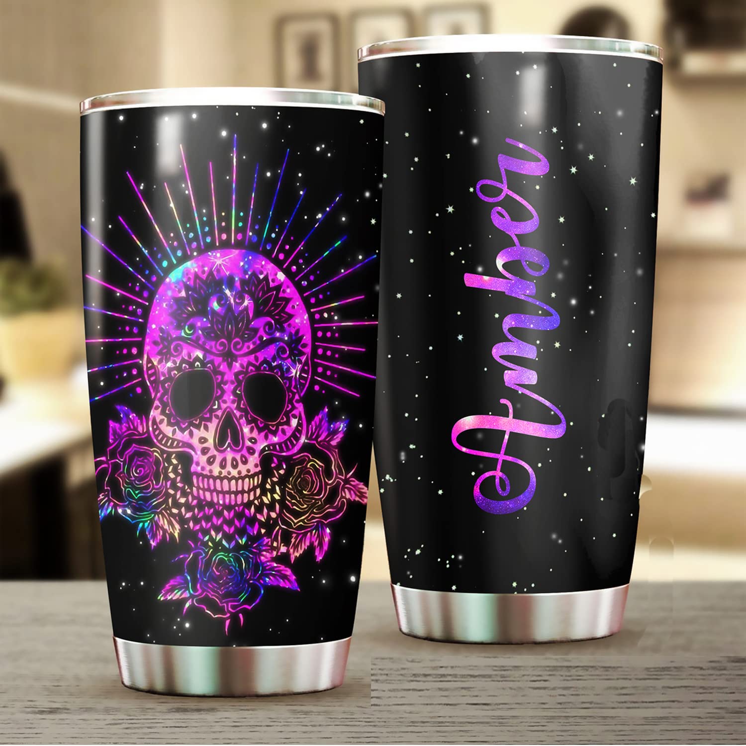 Personalized 20oz Stainless Steel Tumbler with Skull & Flower Design - Custom Name Engraved - Insulated Travel Mug for Coffee, Tea & Cold Drinks - Perfect for Gifts, Office Use & Outdoor Activities