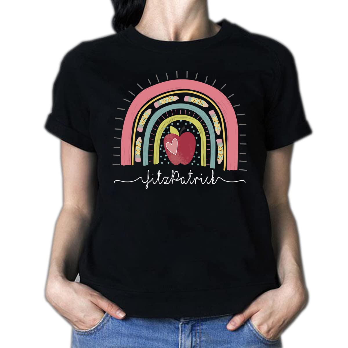 Custom Personalized Teacher T-Shirts for Women - Funny Teacher Shirts with Name & Rainbow Design - Kindergarten & Elementary School Teacher Apparel - Perfect for Teacher Appreciation Week, Classroom Gifts & Back to School
