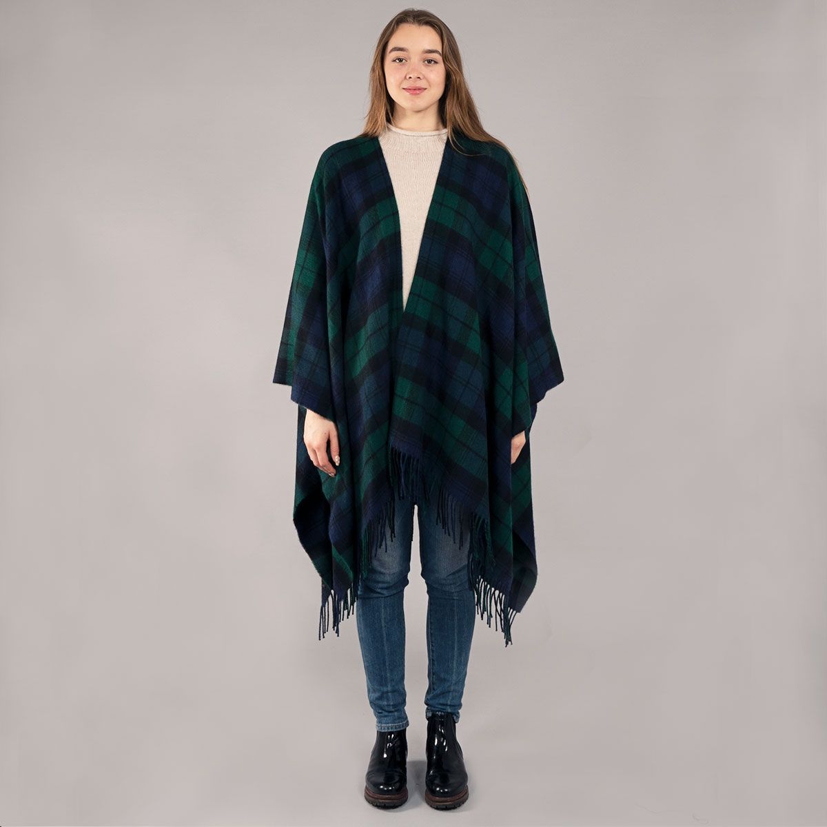 Alice Black Watch Modern Tartan Lambswool Serape Wrap - Stylish Scottish Plaid Shawl for Women - Perfect for Fall, Winter & Outdoor Adventures