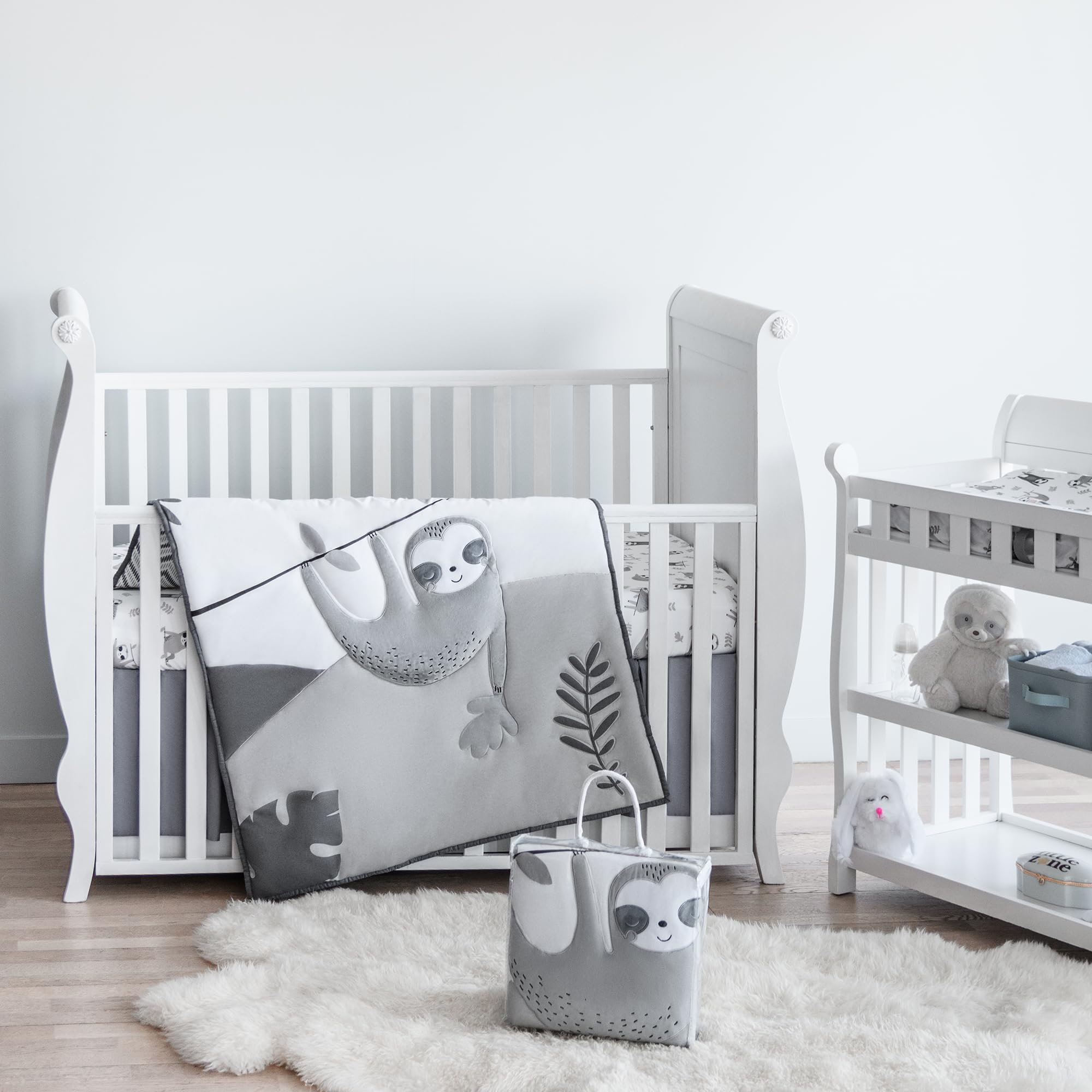MY LITTLE ZONE 5-Piece Neutral Baby Crib Bedding Set - Soft Gray & White Sloth Nursery Collection with Comforter, Fitted Sheet, Changing Pad Cover & Crib Skirt | Cozy & Safe for Newborns, Infants & Toddlers | Perfect for Nursery Decor, Baby Shower Gifts & Gender-Neutral Themes