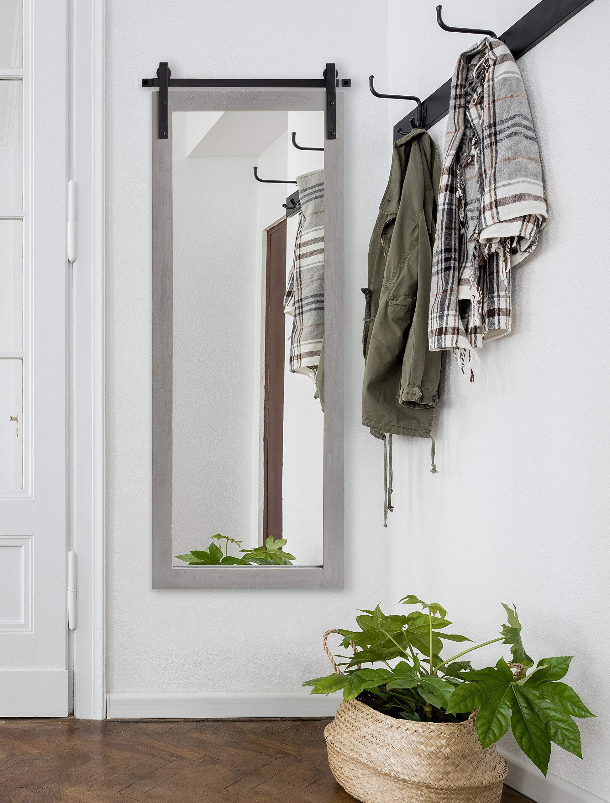 Kate and Laurel Cates Farmhouse Wood Framed Panel Mirror - 18x50 Inches Rustic Gray Wall Mirror with Barn Door Design - Perfect for Entryway, Living Room, or Bedroom Decor