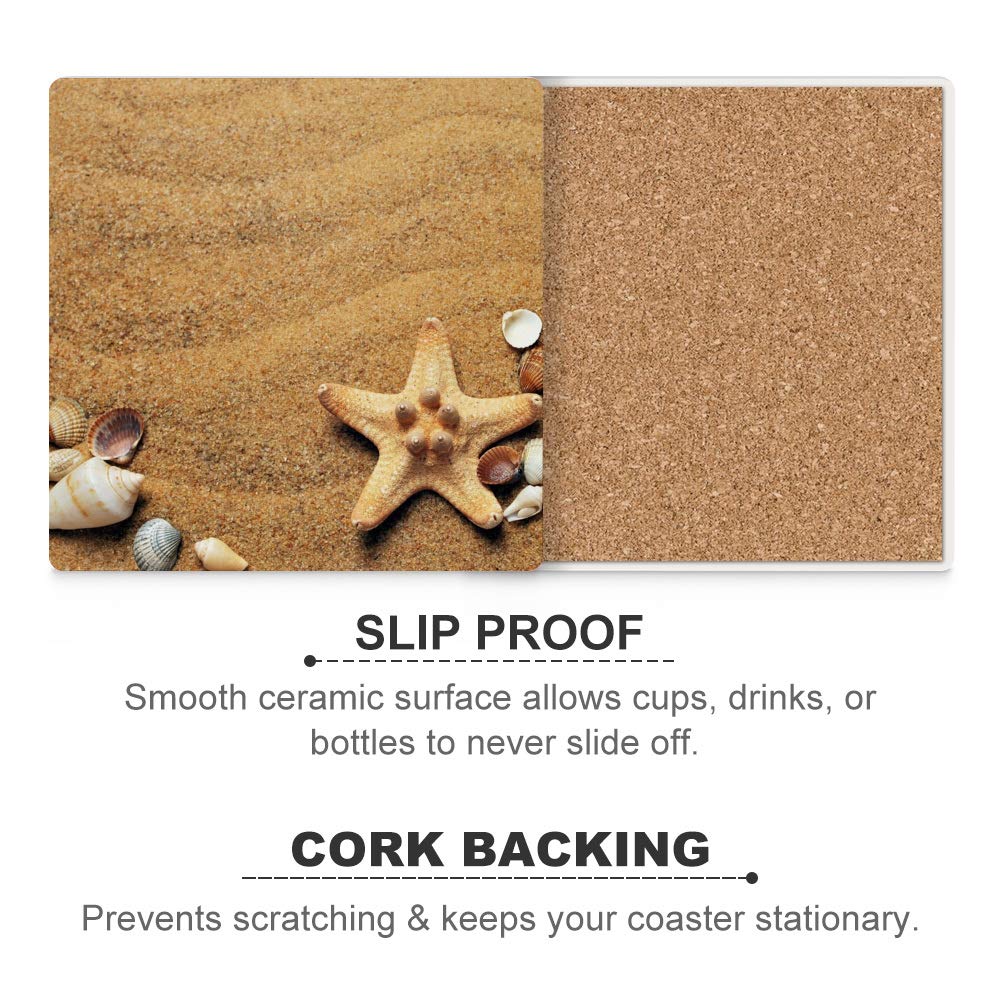 Premium Ceramic Drink Coasters Set of 4 - Square Cork-Bottomed Cup Holders with Beach Seashell Design for Wine, Beer & Cold Beverages - Perfect for Home Decor, Bar Protection & Coastal-Themed Parties