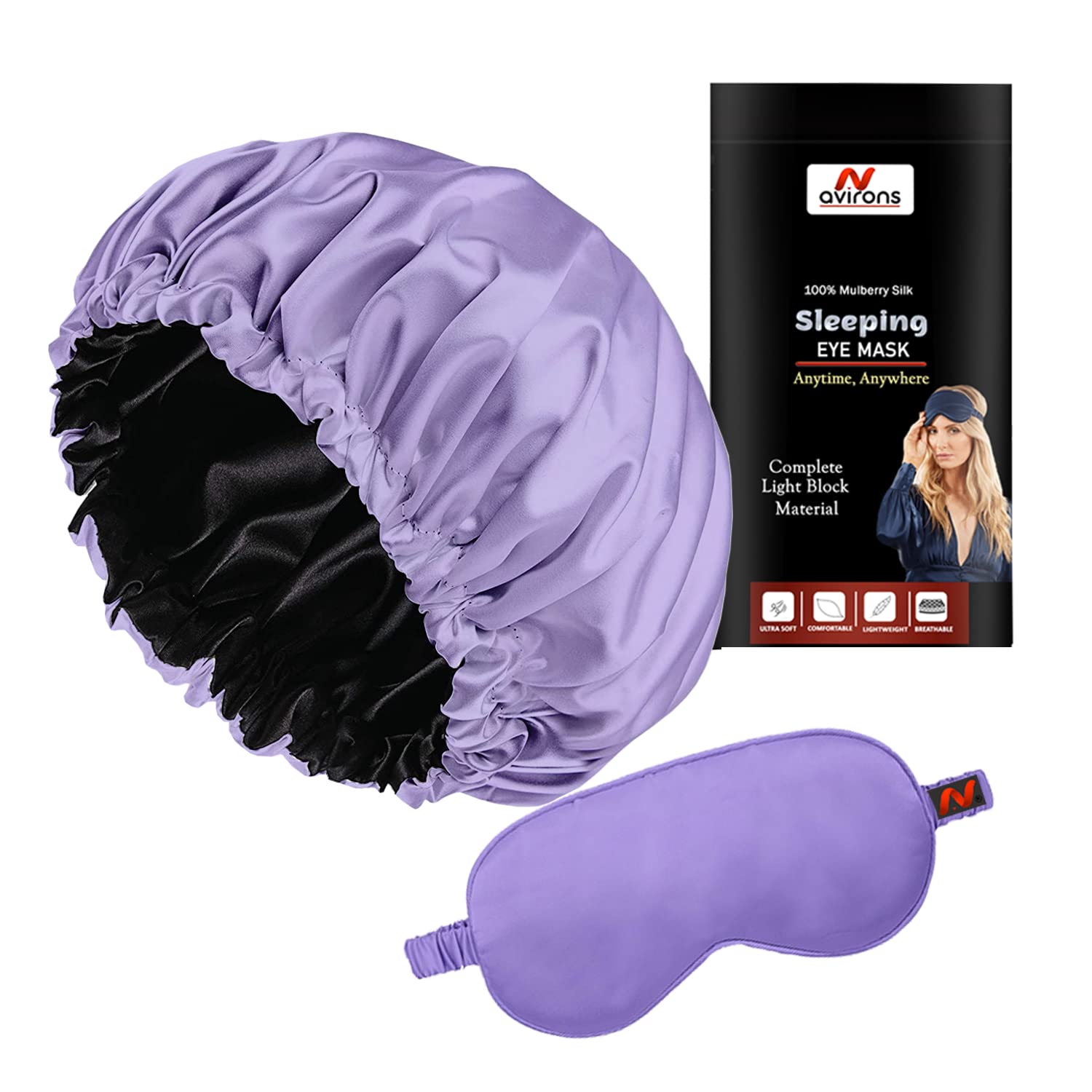 Avirons Adjustable Double Layer Satin Silk Hair Bonnet & Sleep Mask Set - Soft Hair Wrap Cap for Nighttime Hair Protection & Comfortable Sleeping - Perfect for Curly Hair Care, Bedtime Routine & Travel Accessories