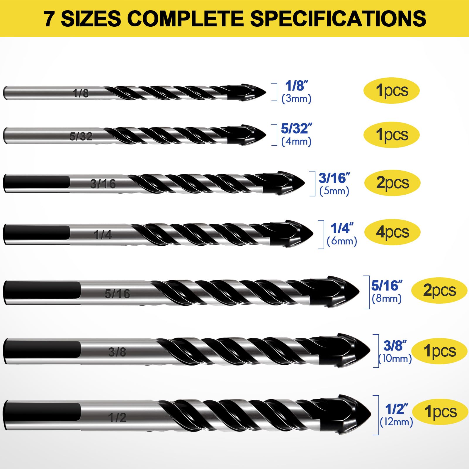 12-Piece Masonry Drill Bit Set - Carbide Tipped Concrete Drill Bits 1/8
