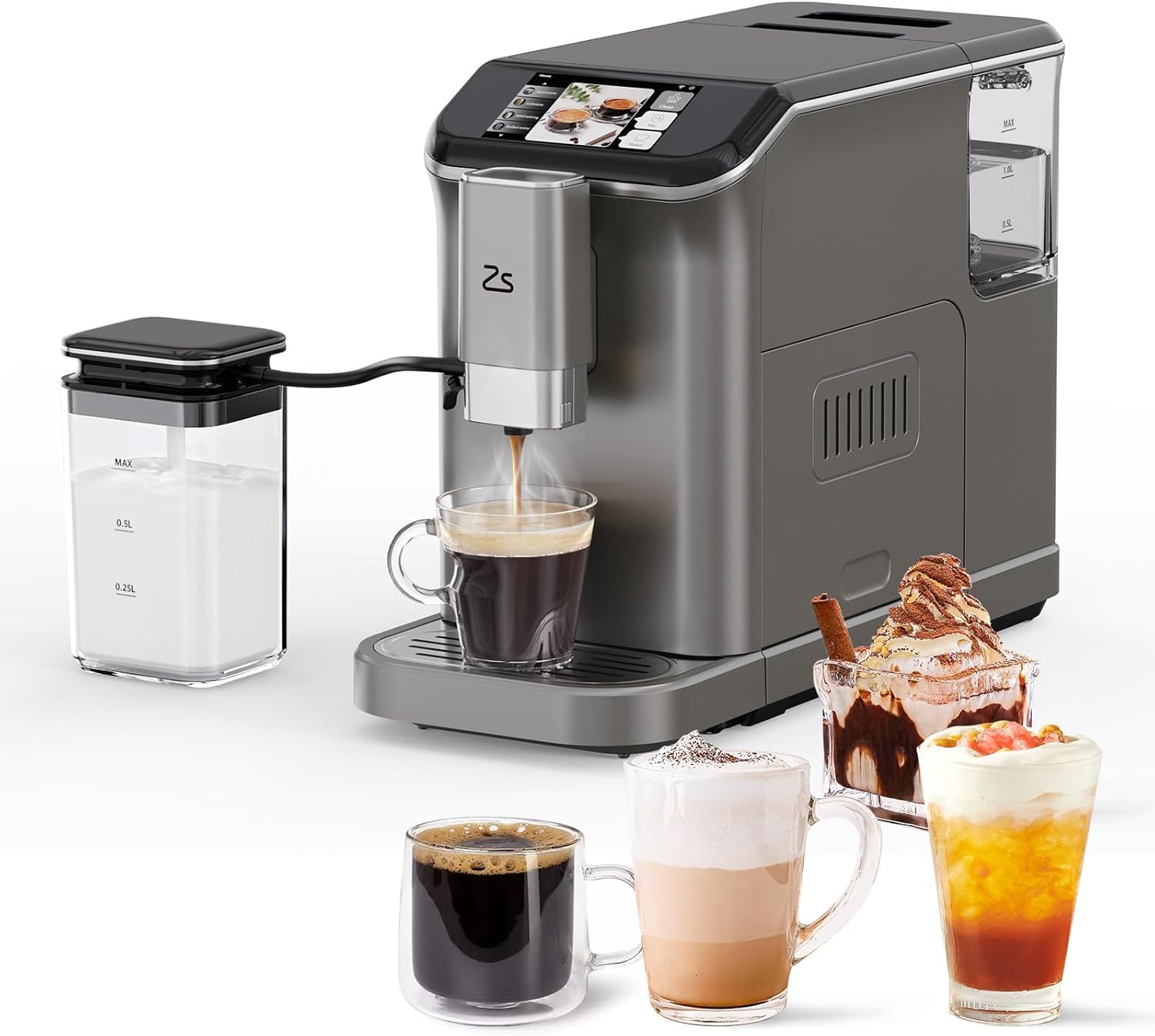 Fully Automatic Espresso Coffee Machine with Built-in Milk Frother - 20 Bar Pressure & Adjustable Grinder - 1.5L Touch Screen for Home & Office Use - Perfect Gift for Coffee Lovers (Silver) - Ideal for Espresso, Latte, Cappuccino & Americano Making