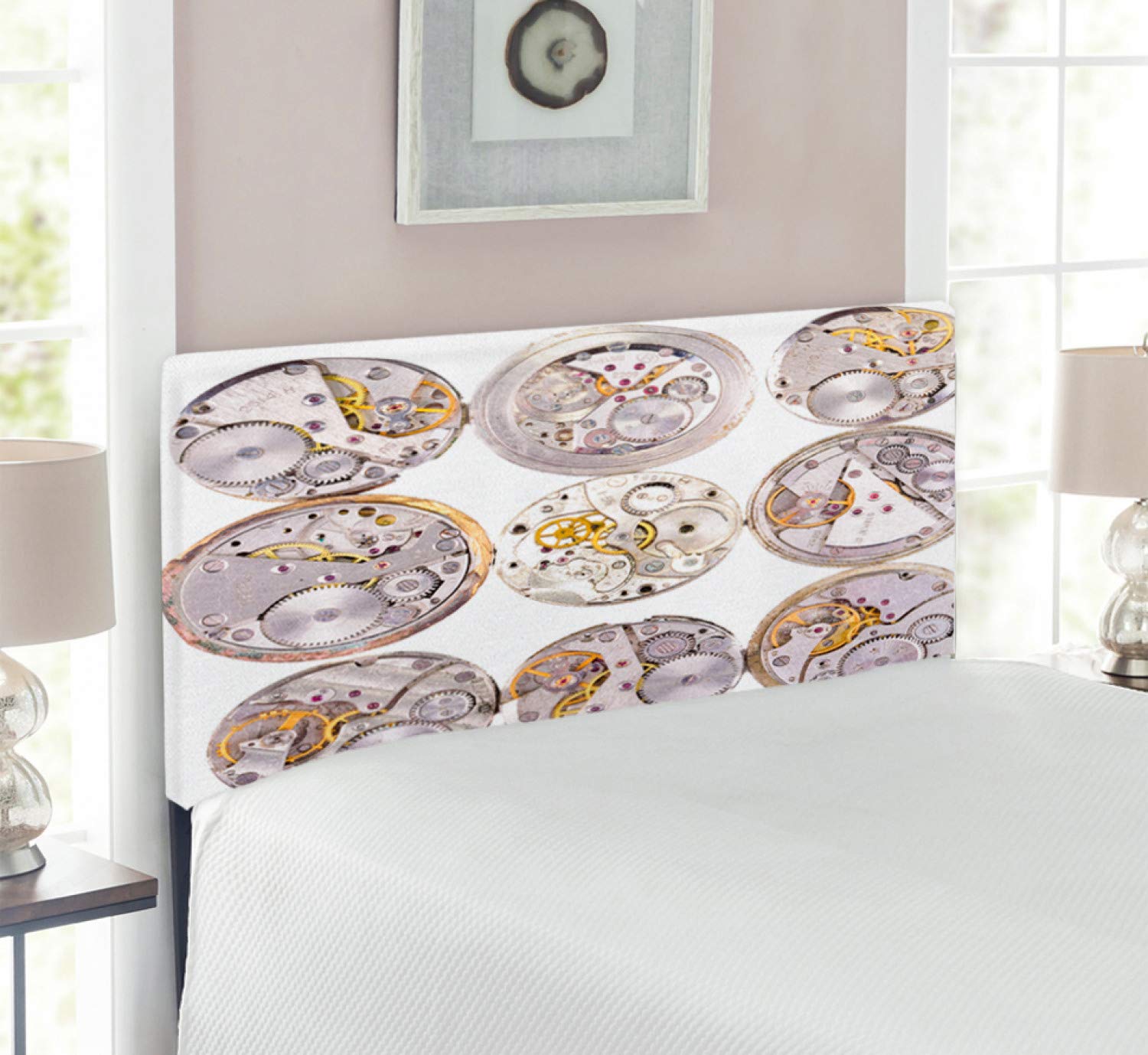 Ambesonne Clock Headboard - Retro Watch Design, Twin Size Grey/Yellow for Bedroom Decor