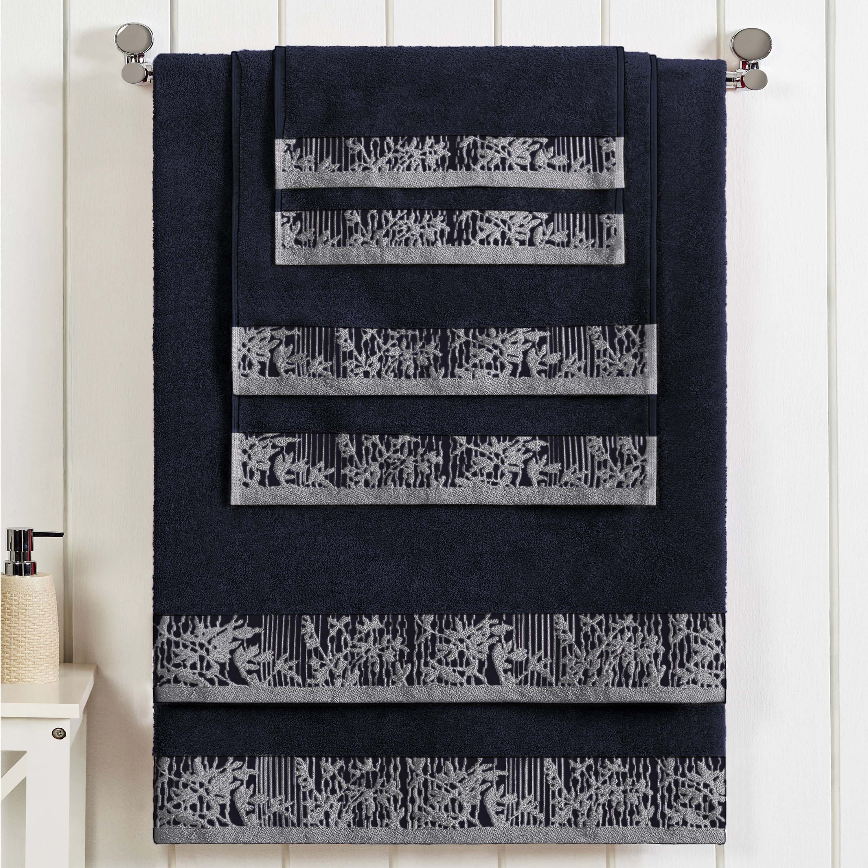 Wisteria Cotton Floral Embroidered Jacquard Border 6-Piece Bath Towel Set - Soft & Absorbent for Spa, Bathroom & Guest Use