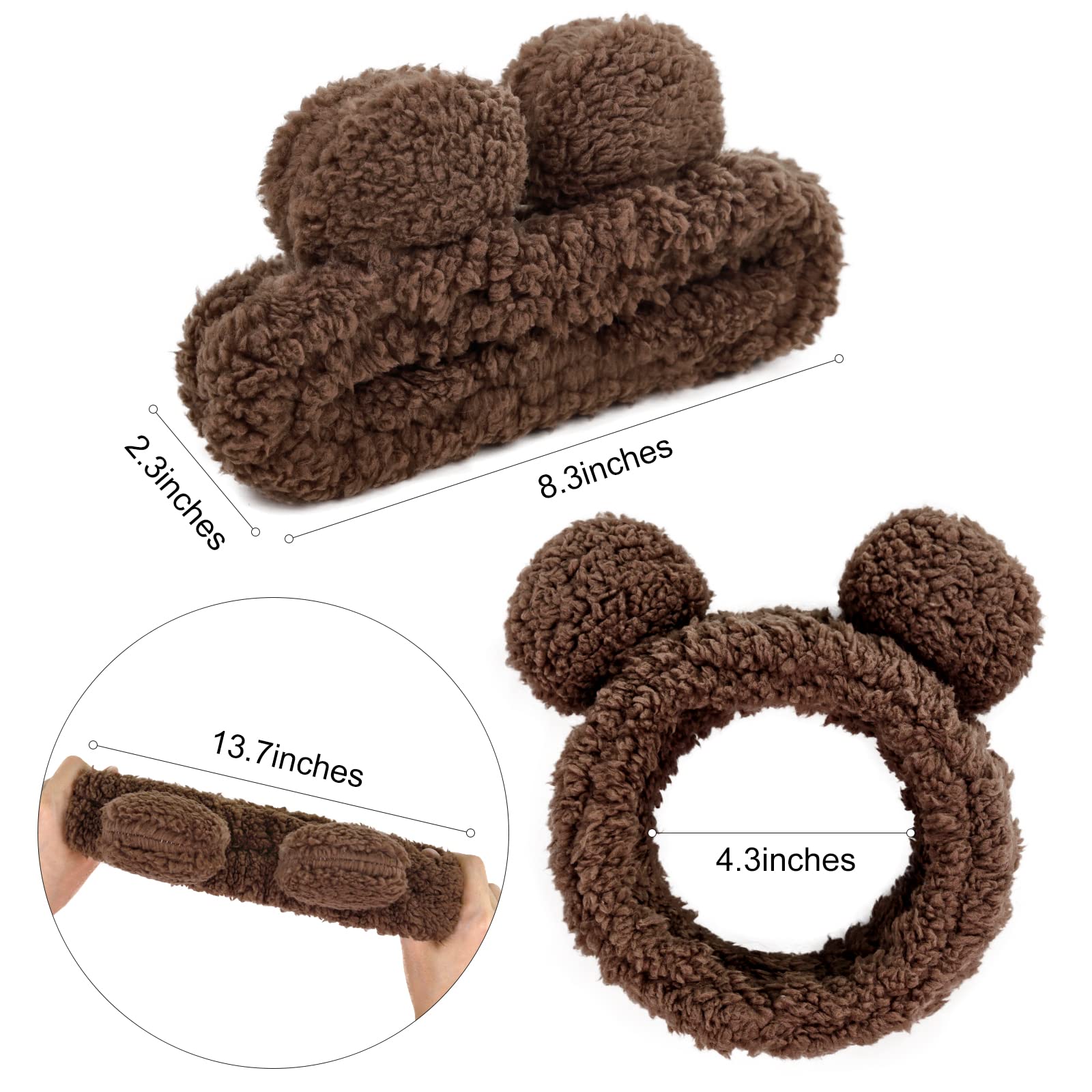 Huachi Spa Headbands for Women & Girls - Soft Elastic Fluffy Bear Ears Hair Band for Face Washing, Makeup & Skincare | Korean Beauty Accessories (Brown) | Perfect for Spa Days, At-Home Skincare Routines & Self-Care Moments
