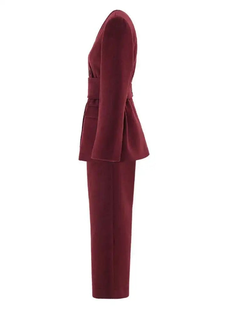 Women's Big Size Red Blazer & Wide Leg Pants Two-Piece Suit - V-Neck Long Sleeve Fashion Set for Spring Autumn 2025 | Office Wear, Business Attire, Formal Occasions