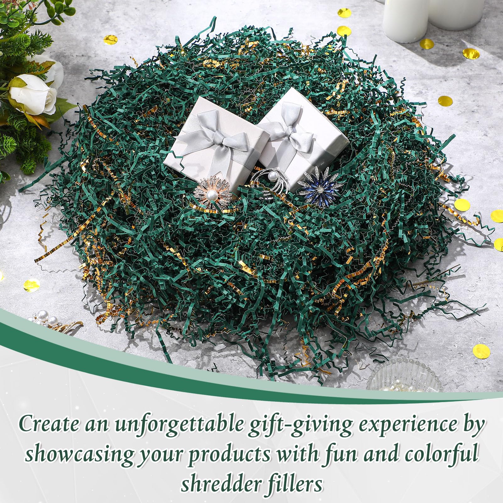 Outus 2LB Crinkle Cut Paper Shred - Metallic Gift Box Filler, Easter Grass, Shredded Tissue Paper for Wedding, Birthday, Wrapping Boxes & Bags (Green, Gold) - Perfect for Party Decorations, Gift Wrapping, and DIY Craft Projects
