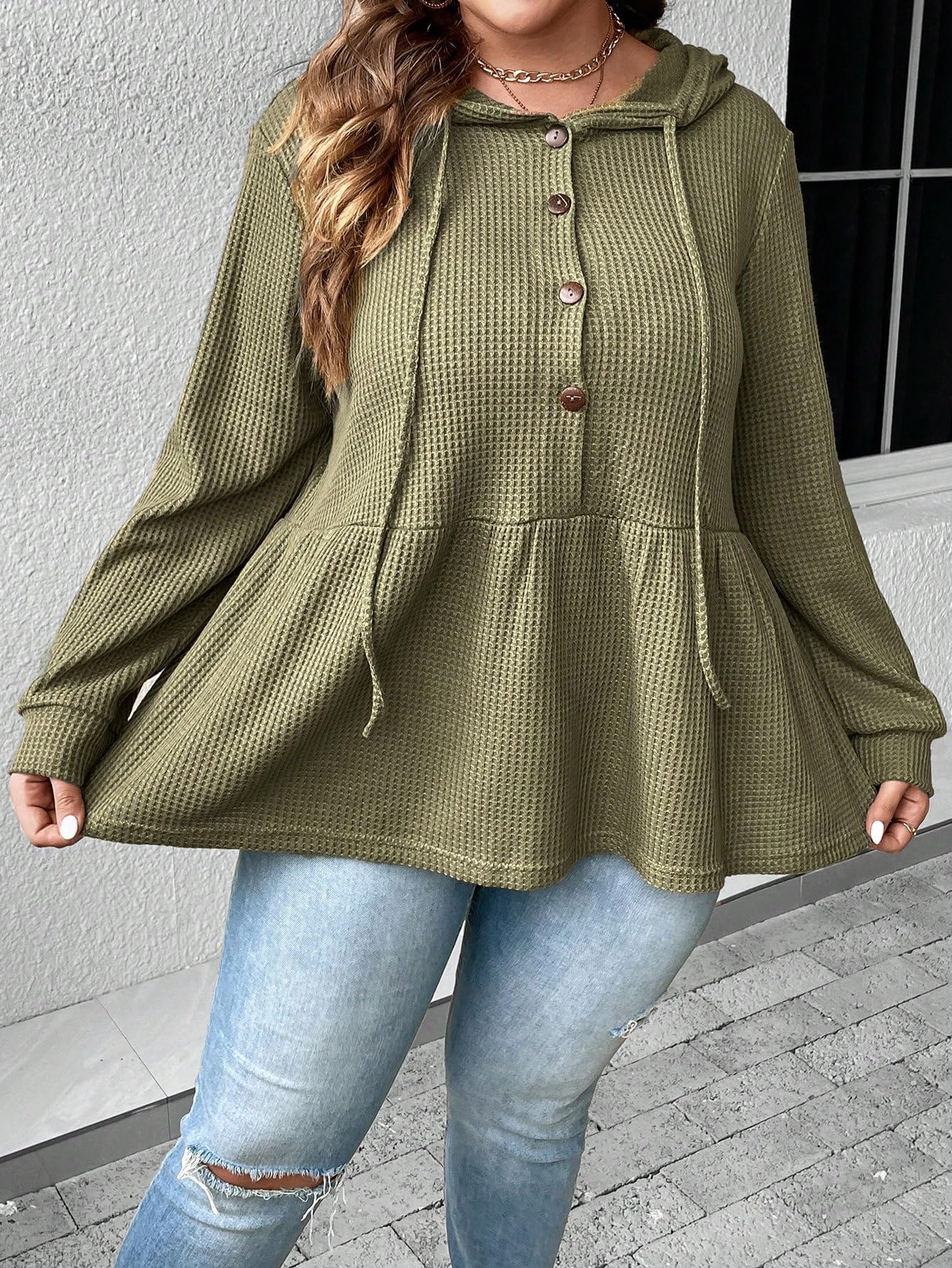 SweatyRocks Women's Plus Size Waffle Knit Ruffle Hem Hoodie - Button Front Drawstring Pullover for Casual Wear & Loungewear