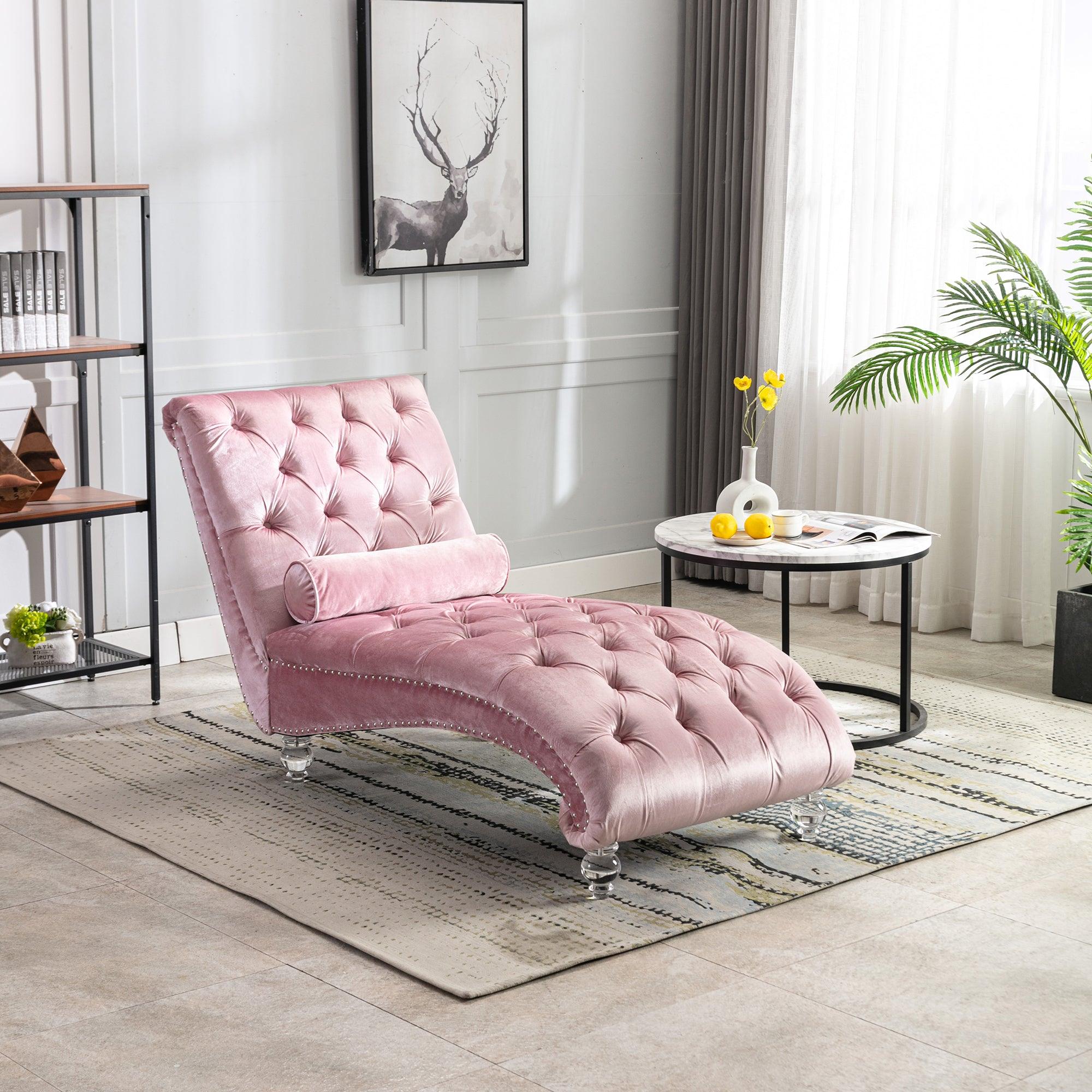 Luxury Velvet Chaise Lounge Chair - Button Tufted Upholstered Sofa with Pillow for Bedroom, Living Room & Office - Pink Velvet Chaise Lounge - Perfect for Reading Nook, Home Decor & Relaxation