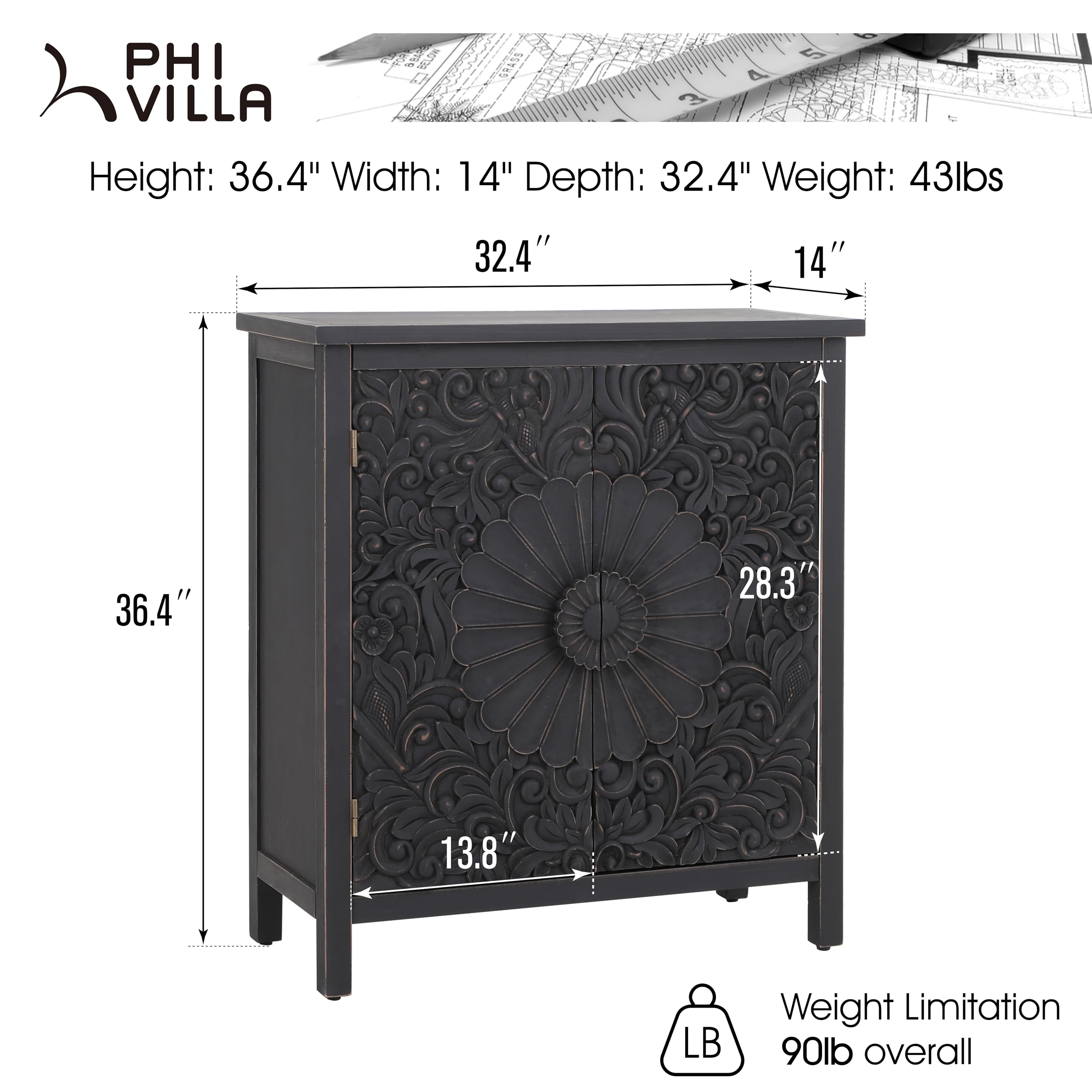 PHI VILLA Black Farmhouse Entryway Cabinet with Doors - Stylish Storage Buffet Cabinet for Hallway, Living Room & Dining Room Organization