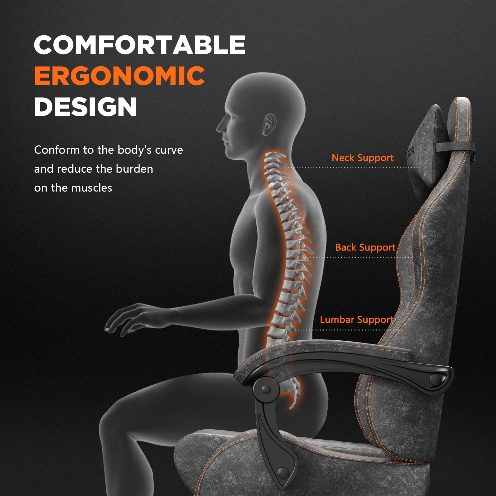 Vintage PU Leather Gaming Chair with Massage & Footrest - Ergonomic High Back Office Computer Chair for Adults, Racing Style Reclining Video Game Chair (Steel Gray) - Perfect for Home Office, Gaming Setup & Streaming Studio