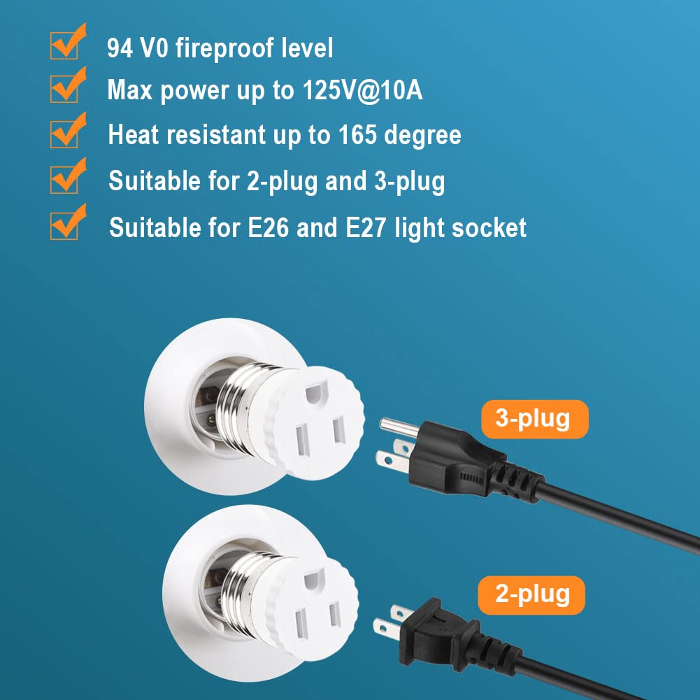 4 Pack Light Socket to Plug Adapter - Convert E26/E27 Bulb Socket to 2 Outlet Adapter (White) for Lamps, Christmas Lights & Home Decor