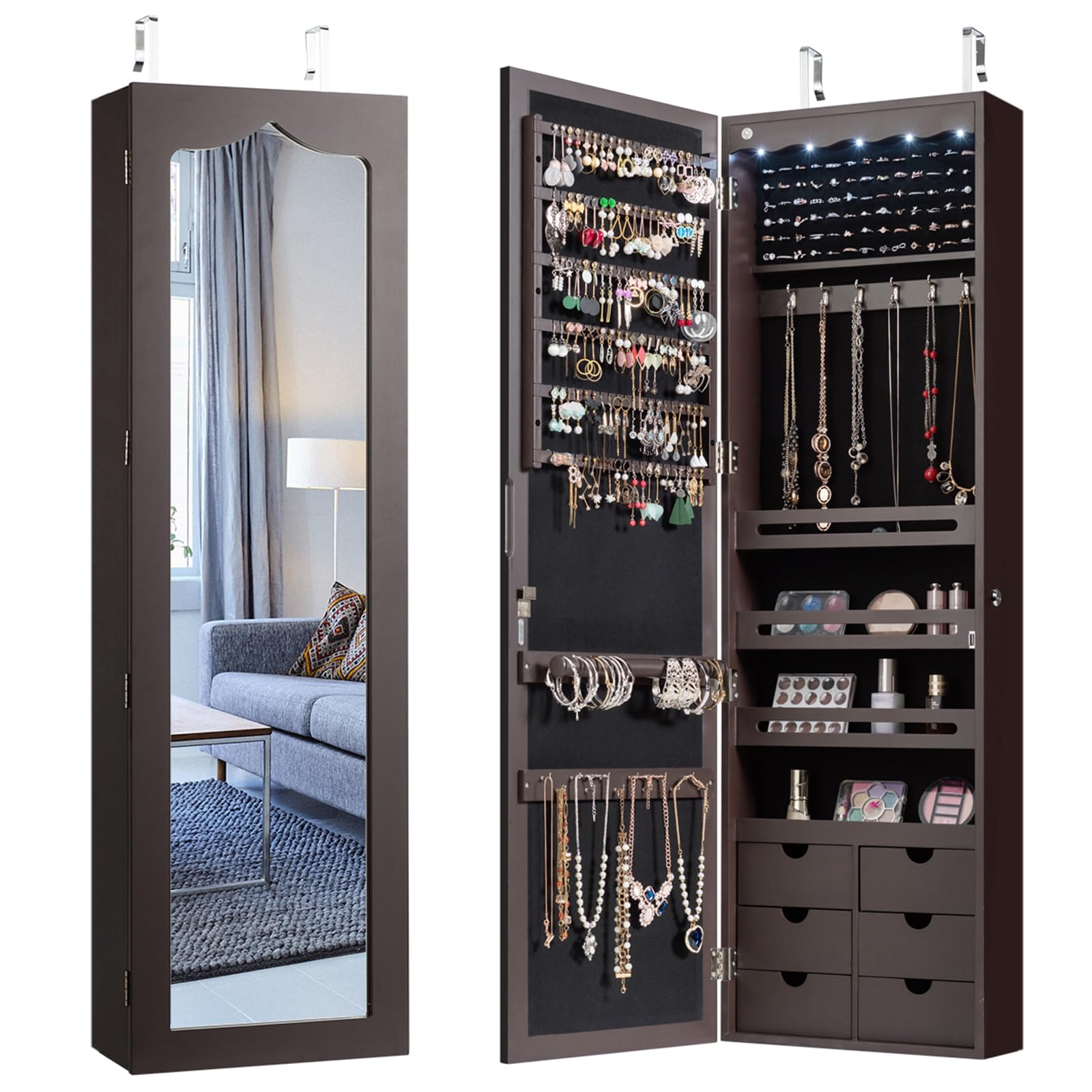 COSTWAY Jewelry Organizer with Mirror - 6 Drawers, 5 LED Lights, Lockable Storage Cabinet for Wall or Door Mount - Perfect for Bedroom, Closet & Vanity (Brown)