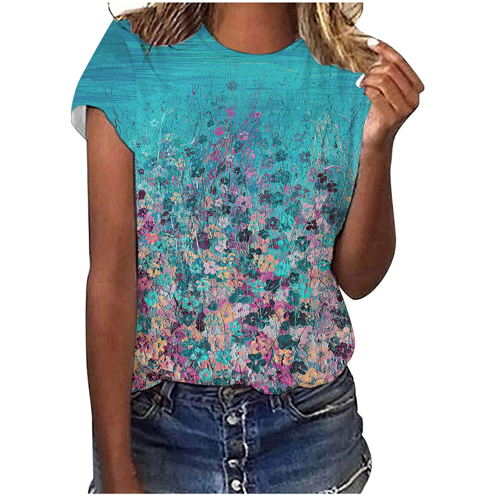 Women's Floral Print Summer Tops - Round Neck Short Sleeve Loose Casual T-Shirt Blouse | Perfect for Beach Vacations, Outdoor Activities & Everyday Wear