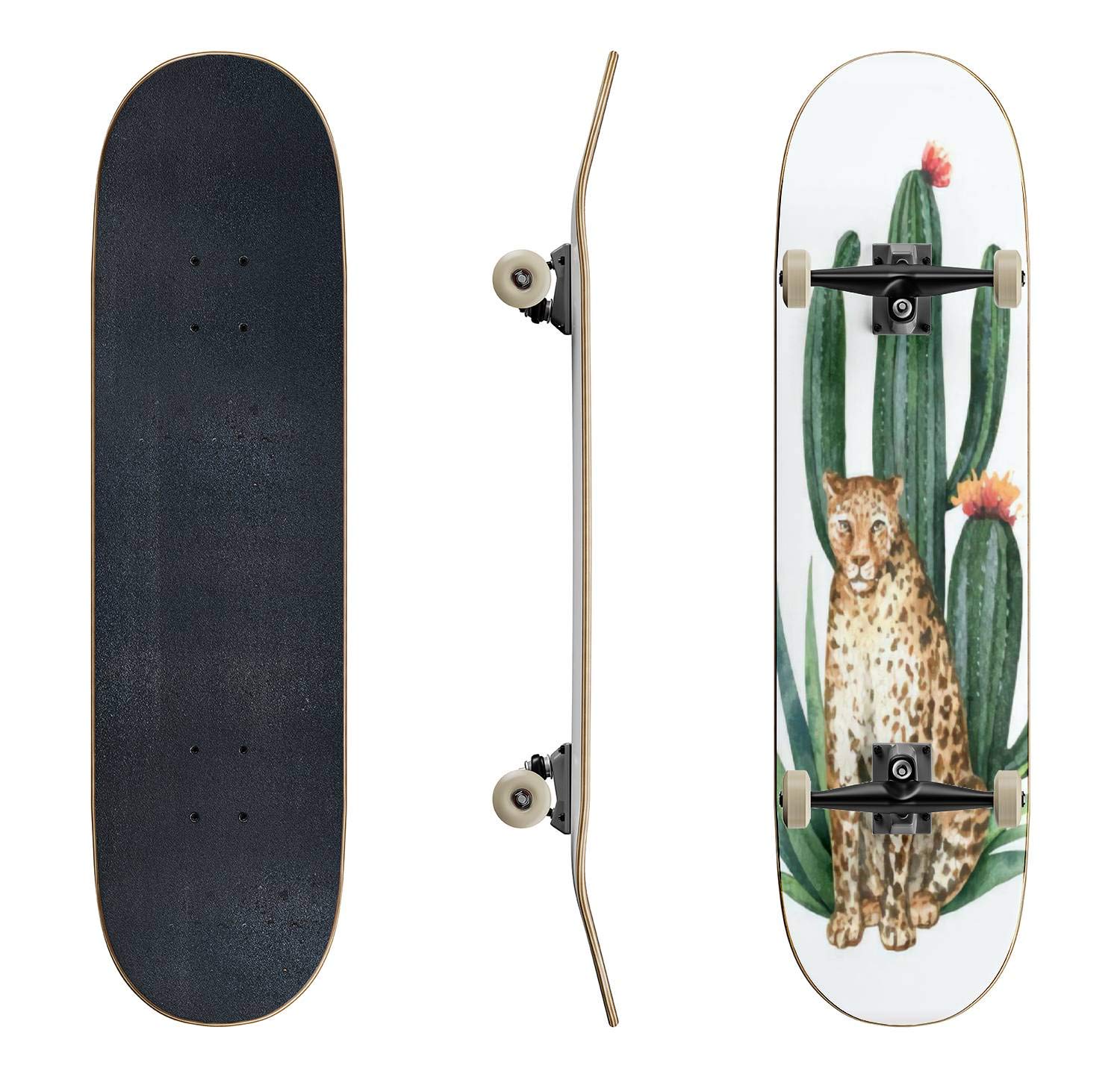 Leopard Green Tropical Leaves & Cactus Watercolor Skateboard Card - Classic Concave Longboard for Beginners & Professionals | Extreme Sports Gear, Cool Teen Gifts for Skateboarding Enthusiasts | Perfect for Street Skating, Park Riding & Collector Display