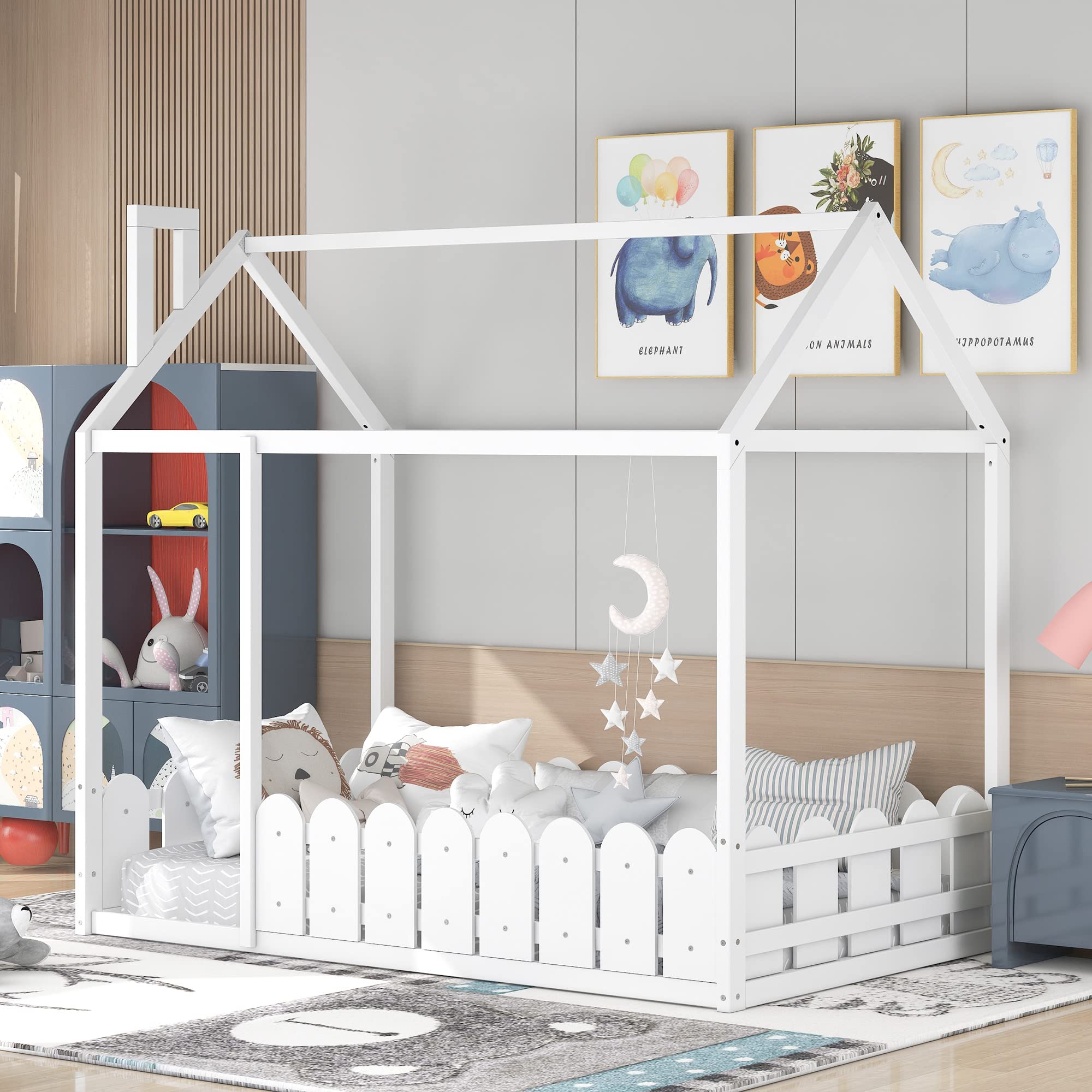 Merax Twin Size Wooden House Bed with Roof and Fence - Kids Floor Bed for Boys & Girls - White Children's Bedroom Furniture - Perfect for Playrooms, Bedrooms & Nursery Decor