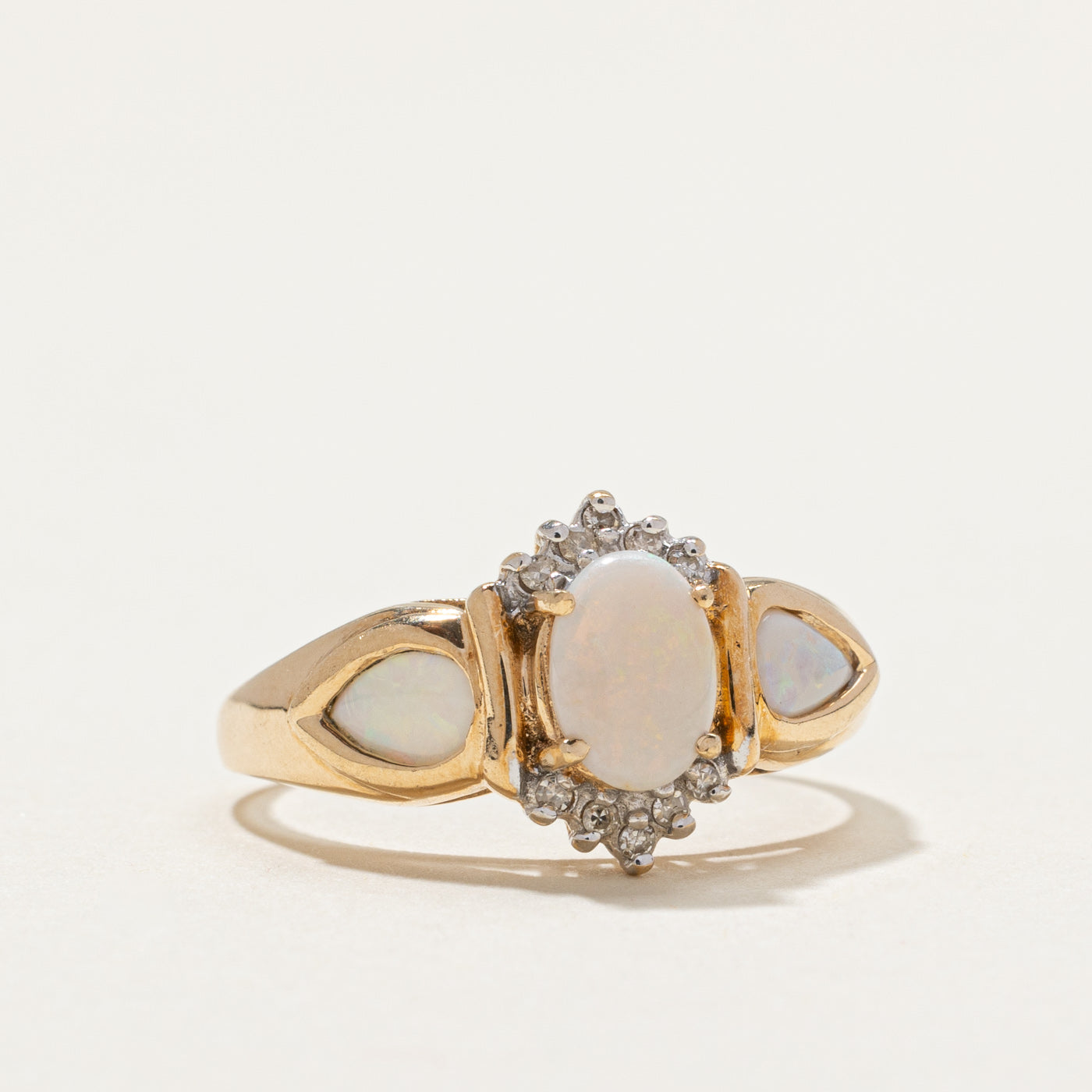 10K White Gold Opal & Diamond Semi Petal Ring - 0.60ctw Opal & 0.06ctw Diamond - Size 7.25 - Elegant Wedding Band, Anniversary Gift for Her, Perfect for Special Occasions & Everyday Wear