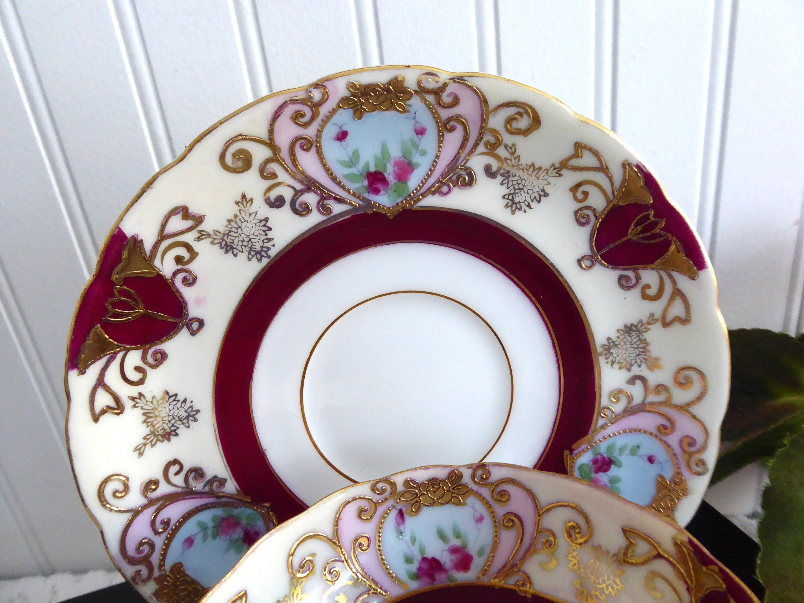 Vintage 1950s Japanese Hand-Painted Cup and Saucer Set - Maroon, Pink & Gold Heart Bouquet Design | Elegant Tea Time, Collectible Tableware, Gift for Tea Lovers