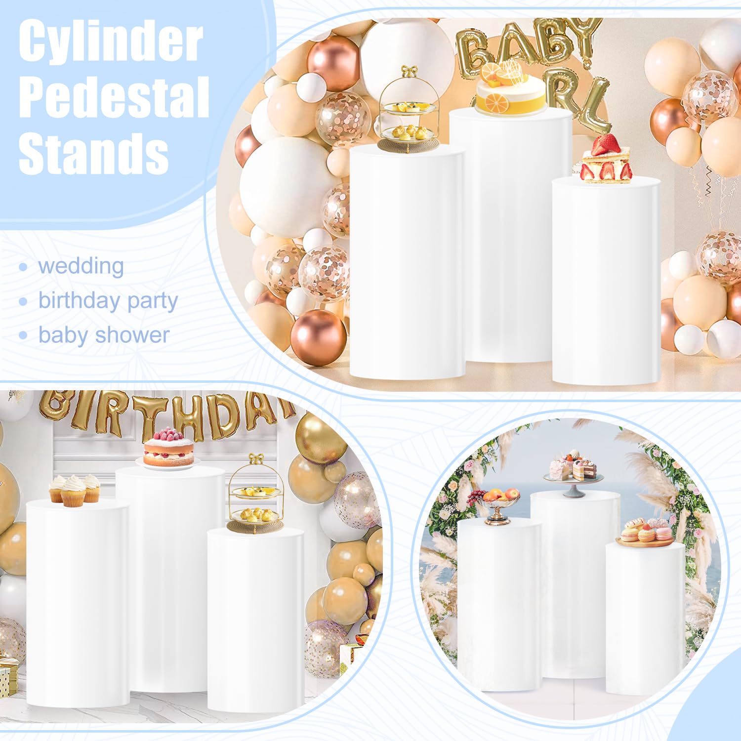 White Cylinder Pedestal Stand Set of 3 - Large Wedding Cake Stands, Party Display Pillars for Baby Showers, Birthdays & Events - Perfect for Dessert Tables, Centerpieces & Decorative Displays