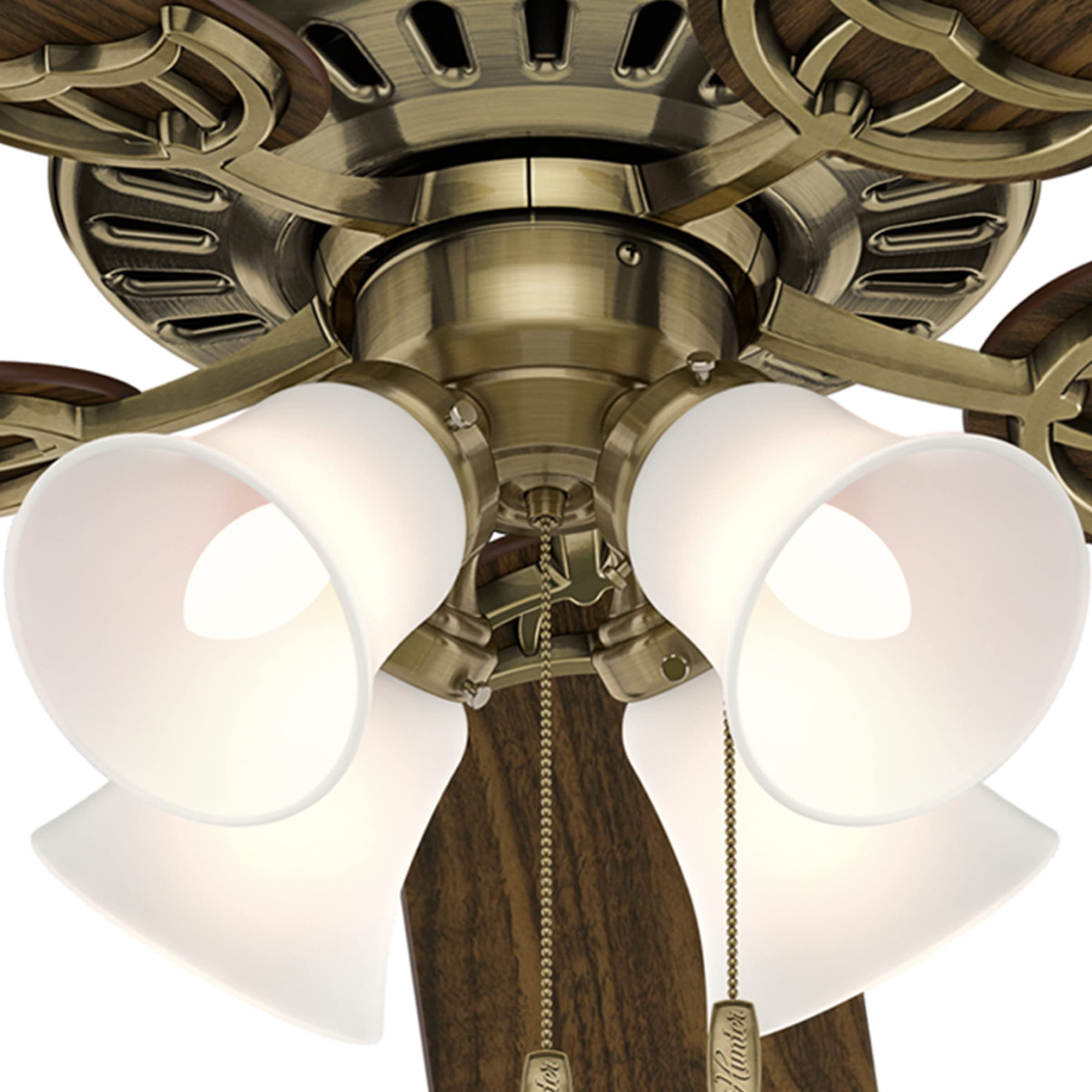Hunter Fan Company 53063 Studio Series 52 Inch Ceiling Fan with 4 Covered Energy Efficient LED Lights - Pull Chain Control in Antique Brass | Perfect for Living Room, Bedroom & Office Cooling