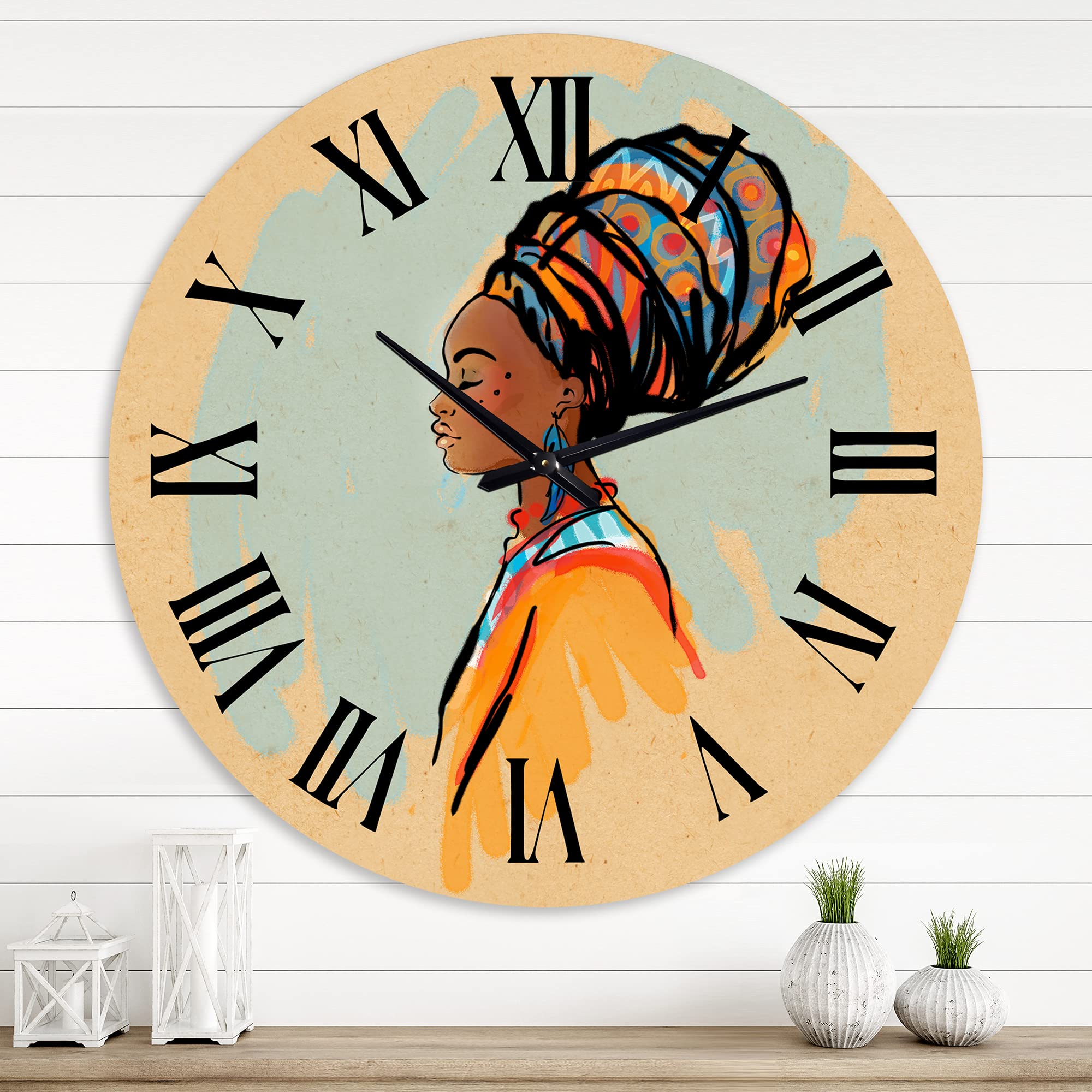 DesignQ Modern Wall Clock - Portrait of African American Woman with Turban II - Large Decorative Wall Clock for Living Room, Bedroom & Office - Unique Home Decor Gift Idea