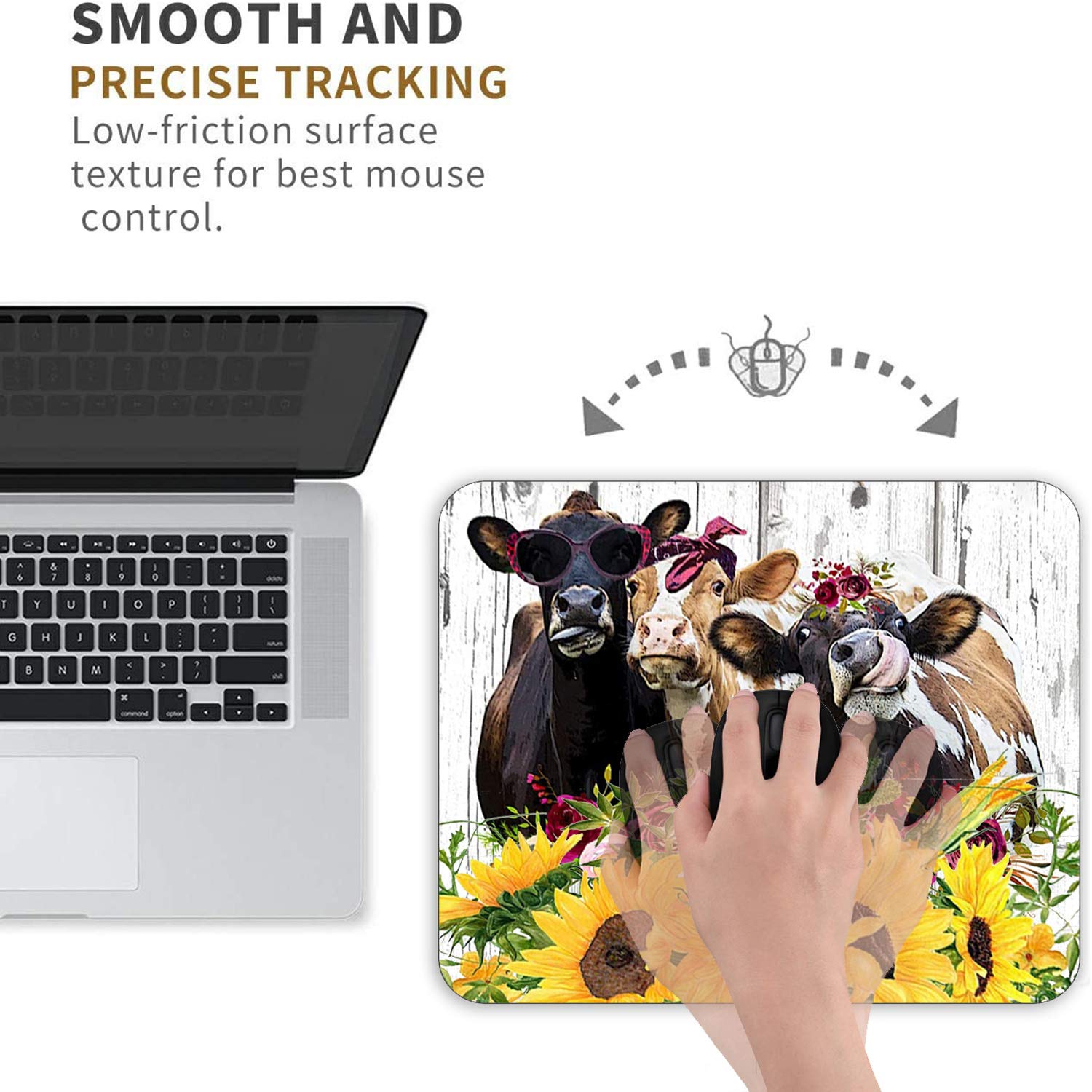 Premium Gaming Mouse Pad & Coasters Set - Rustic Wooden Planks Texture with Sunflower Cow Design, Non-Slip Rubber Base, Large Rectangle Mouse Mat for Office Work & PC Gaming - Perfect for Home Office Setup & Computer Workstations