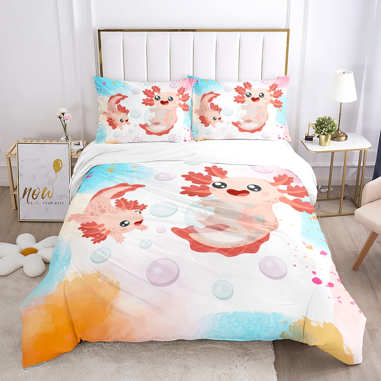 Kawaii Axolotl Bedding Set for Kids - 3 Piece Duvet Cover with 2 Pillowcases (No Comforter) | Colorful Cartoon Axolotl Design for Boys & Girls Bedroom Decor | Perfect for Themed Rooms, Sleepovers and Gift Giving