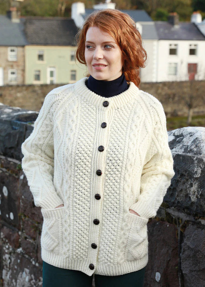 Handknit Aran Lumber Cardigan for Women - 100% Wool Natural Knit Sweater | Cozy Winter Fashion, Casual Outfit & Layering Essential